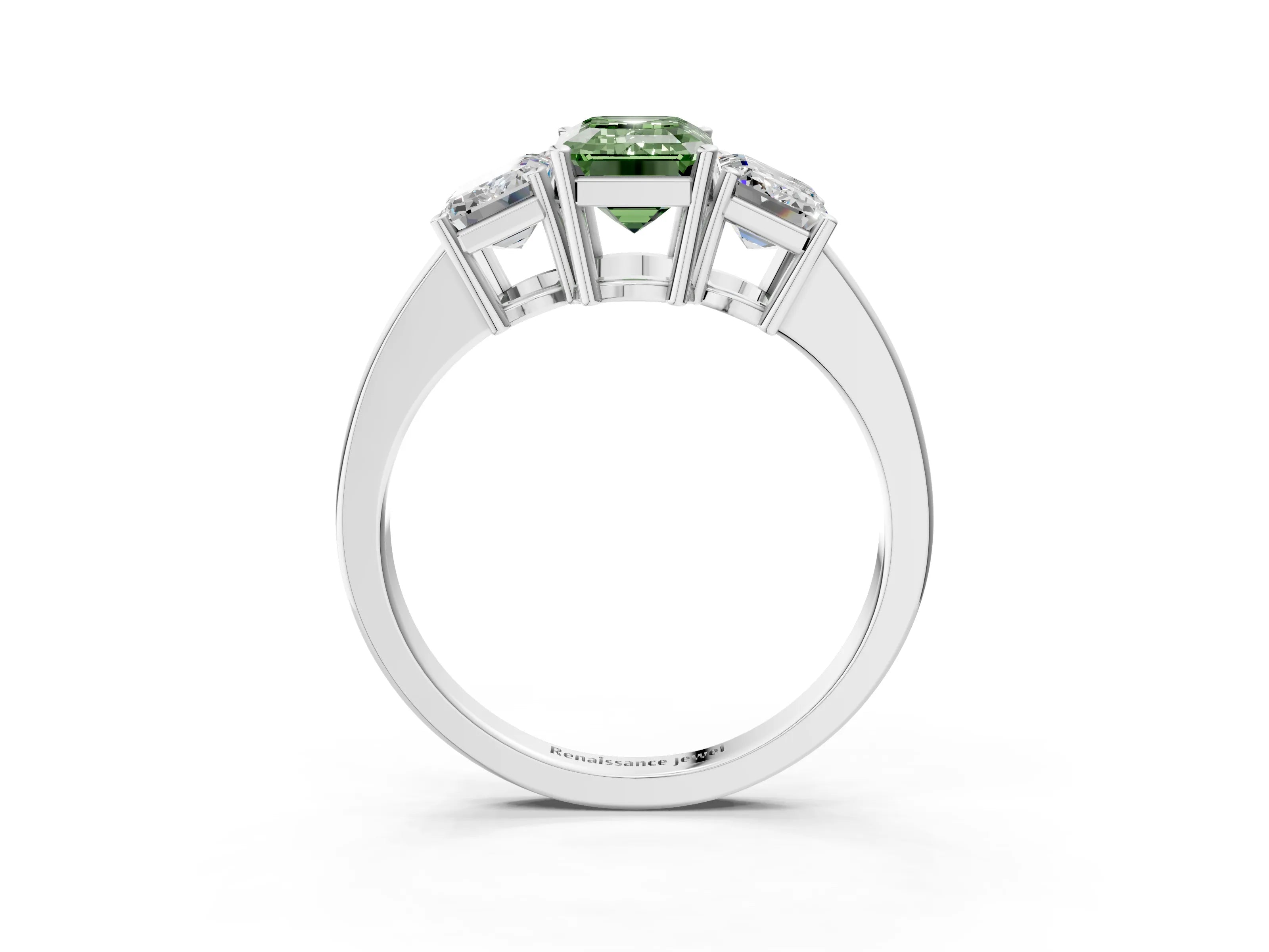 White gold Three-Stone Fancy Green Emerald Cut Cut Diamond Engagement Ring with Flat Band and Four-Prong Setting_16