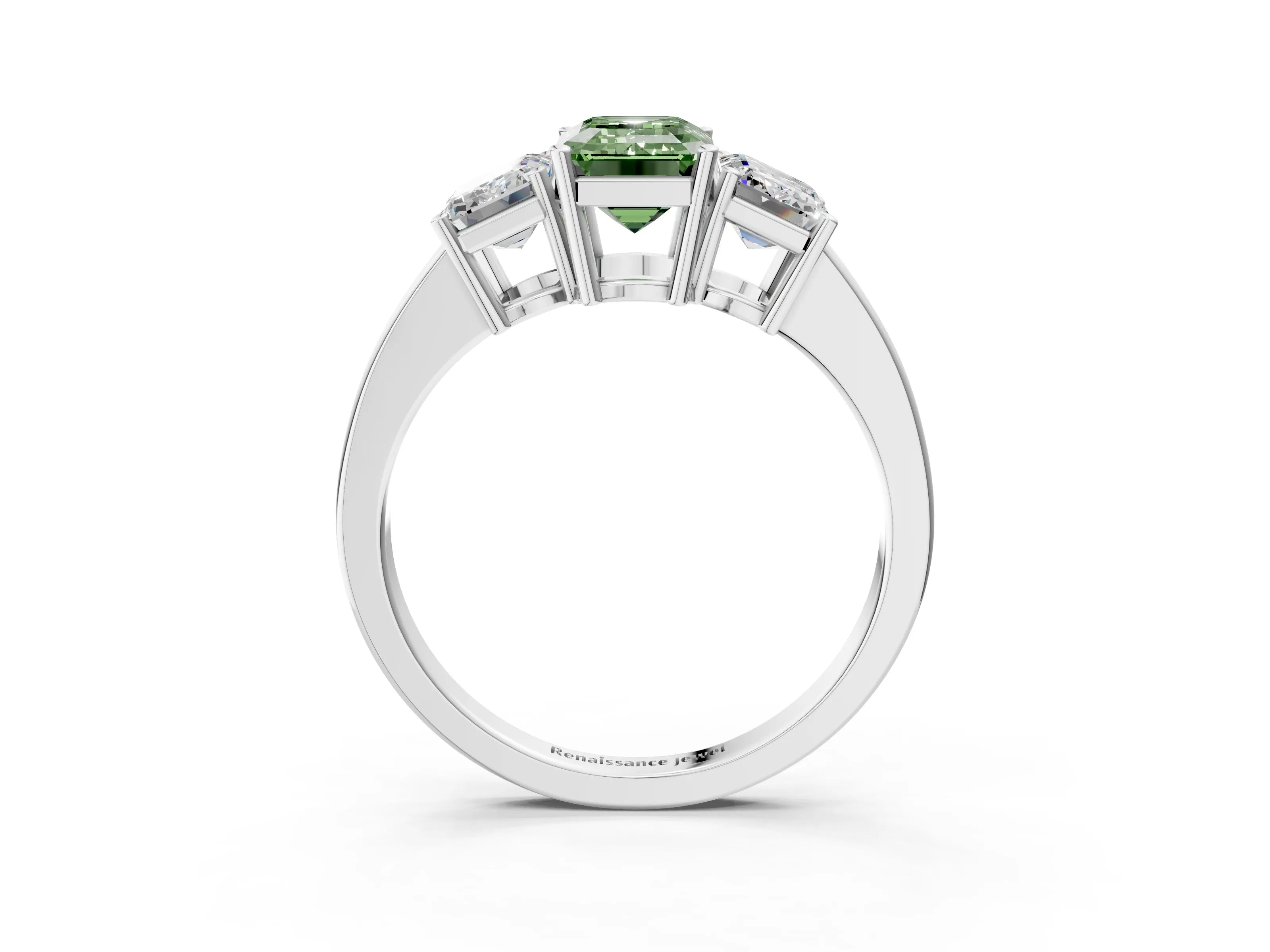 White gold Three-Stone Fancy Green Emerald Cut Cut Diamond Engagement Ring with Flat Band and Four-Prong Setting_3
