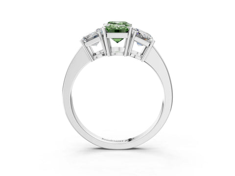 White gold Three-Stone Fancy Green Emerald Cut Cut Diamond Engagement Ring with Flat Band and Four-Prong Setting_3