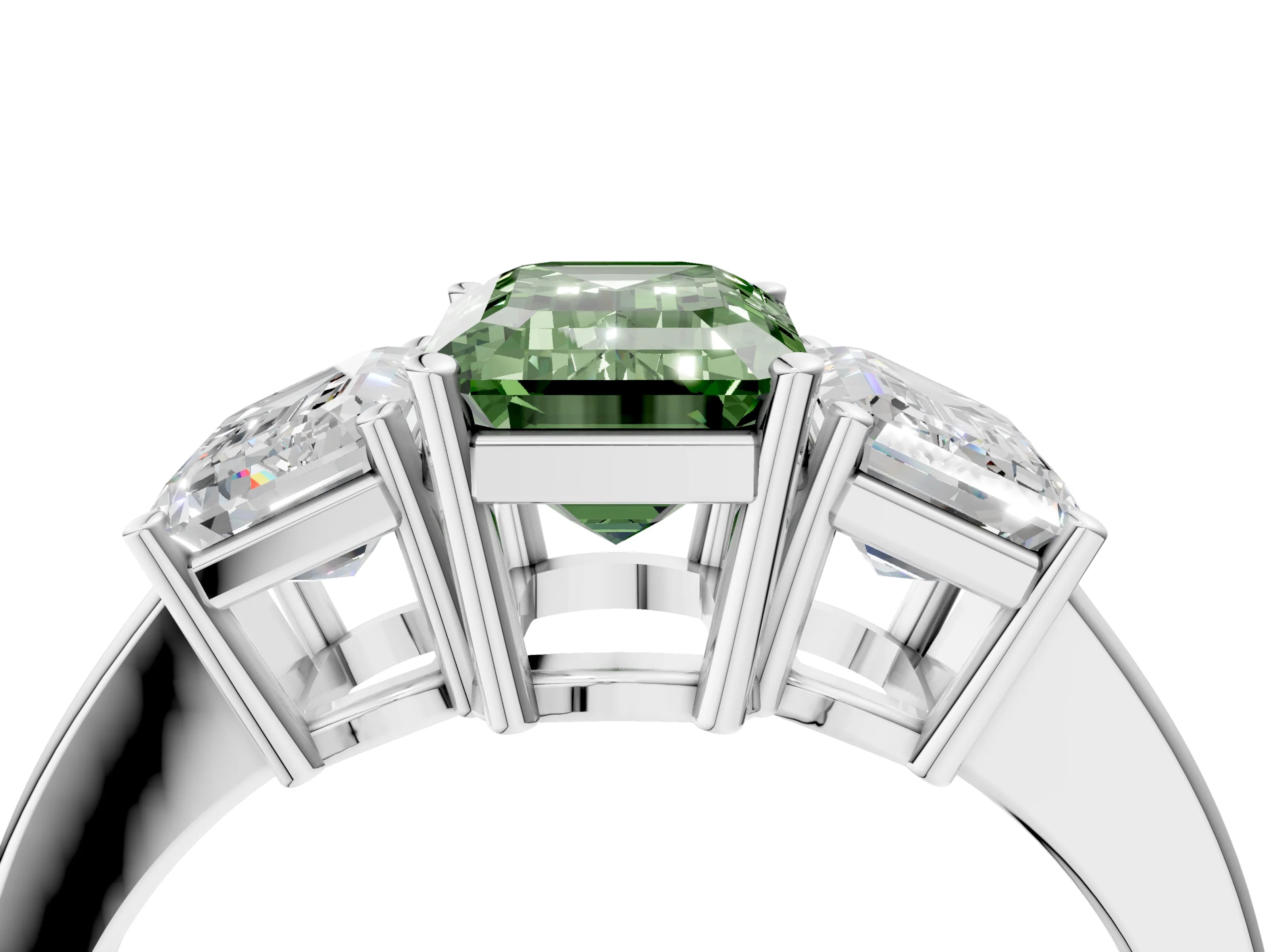 White gold Three-Stone Fancy Green Emerald Cut Cut Diamond Engagement Ring with Flat Band and Four-Prong Setting_4