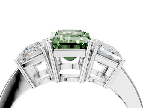 White gold Three-Stone Fancy Green Emerald Cut Cut Diamond Engagement Ring with Flat Band and Four-Prong Setting_4