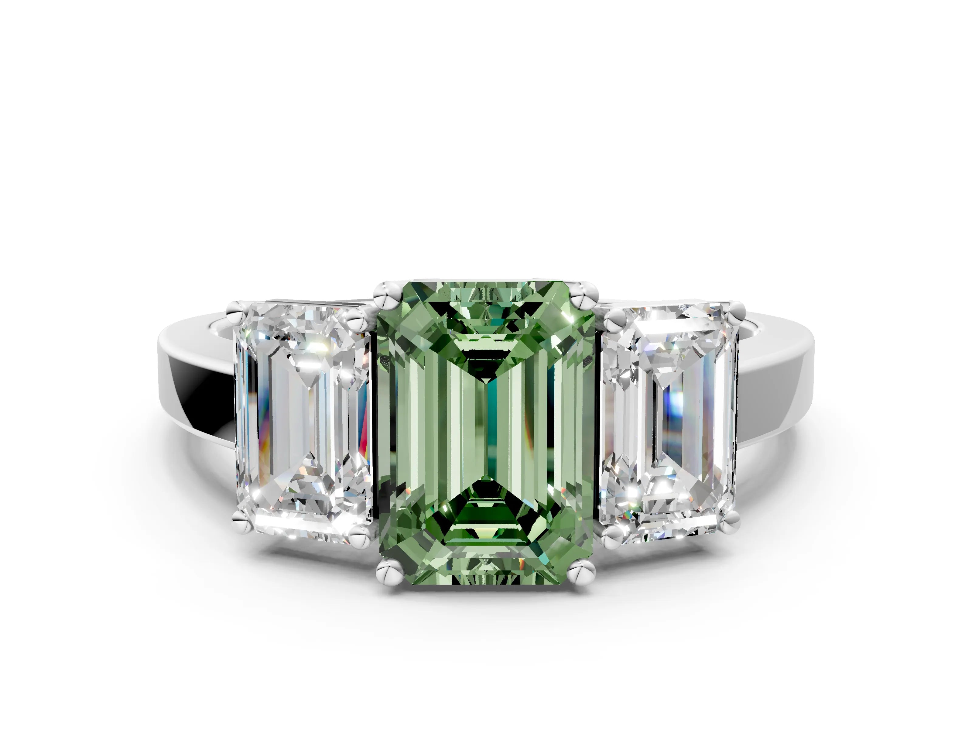 White gold Three-Stone Fancy Green Emerald Cut Cut Diamond Engagement Ring with Flat Band and Four-Prong Setting