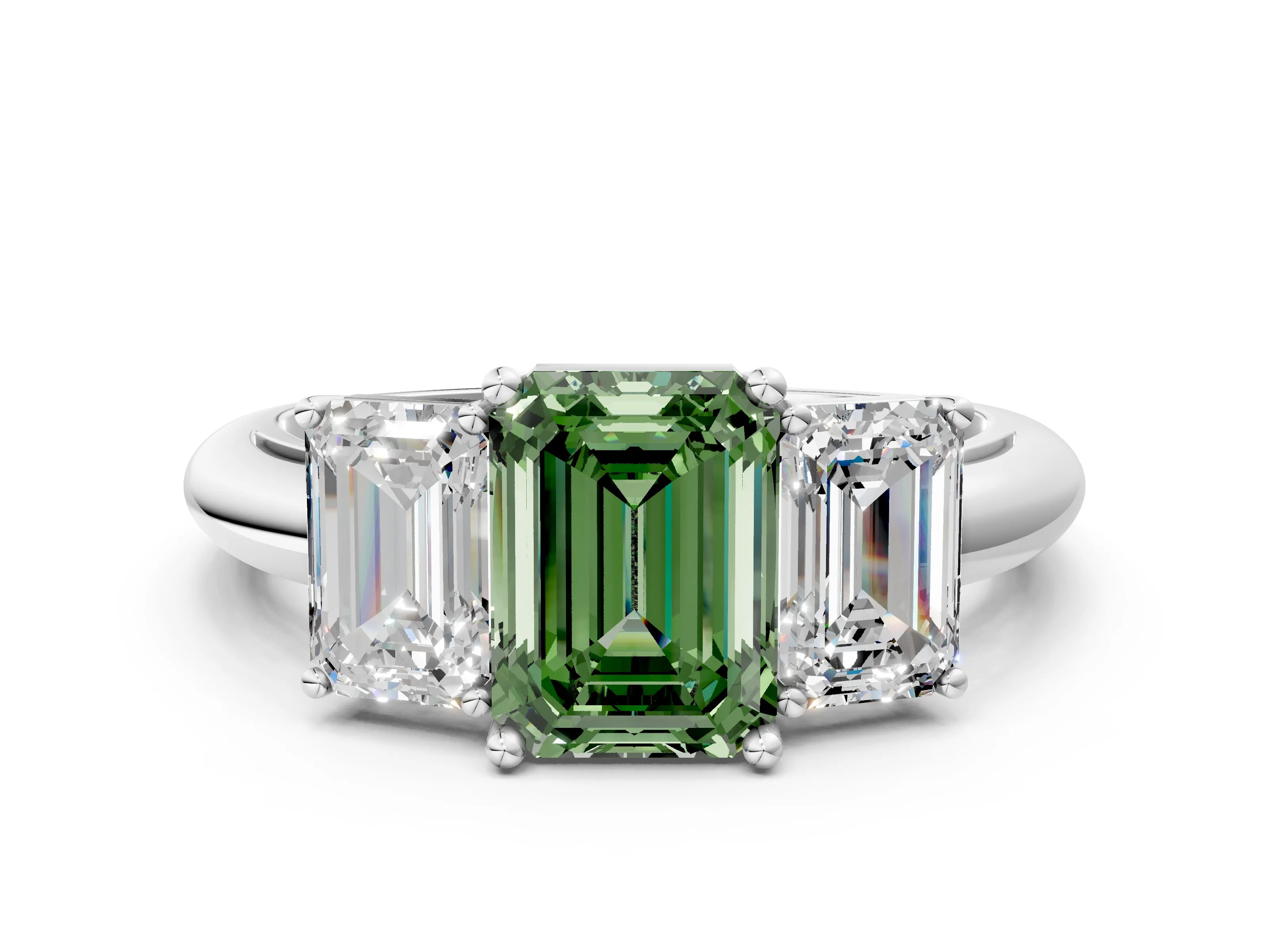 White gold Three-Stone Fancy Green Emerald Cut Cut Diamond Engagement Ring with Prong Setting on a White Gold Band_12