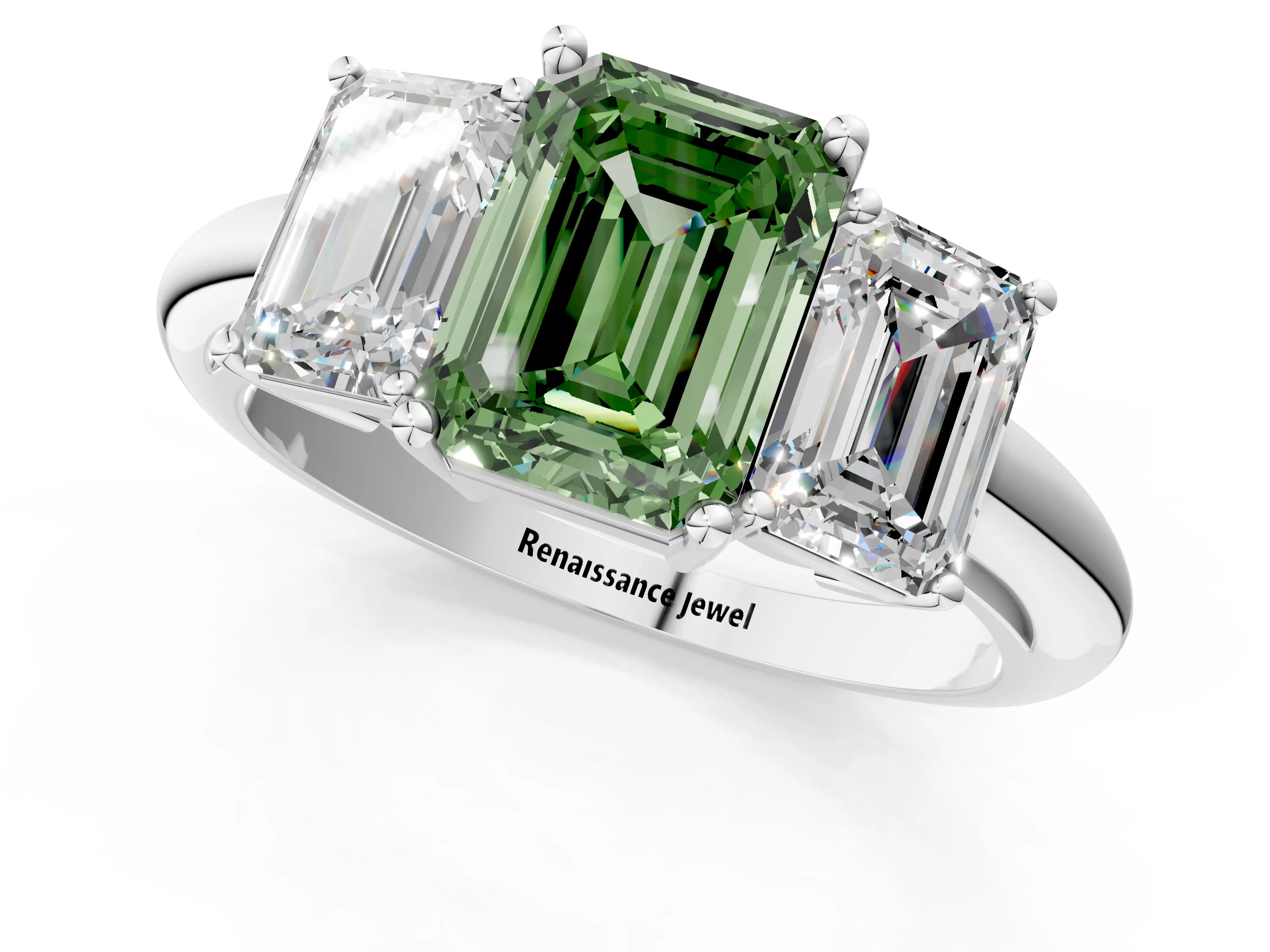 White gold Three-Stone Fancy Green Emerald Cut Cut Diamond Engagement Ring with Prong Setting on a White Gold Band_13