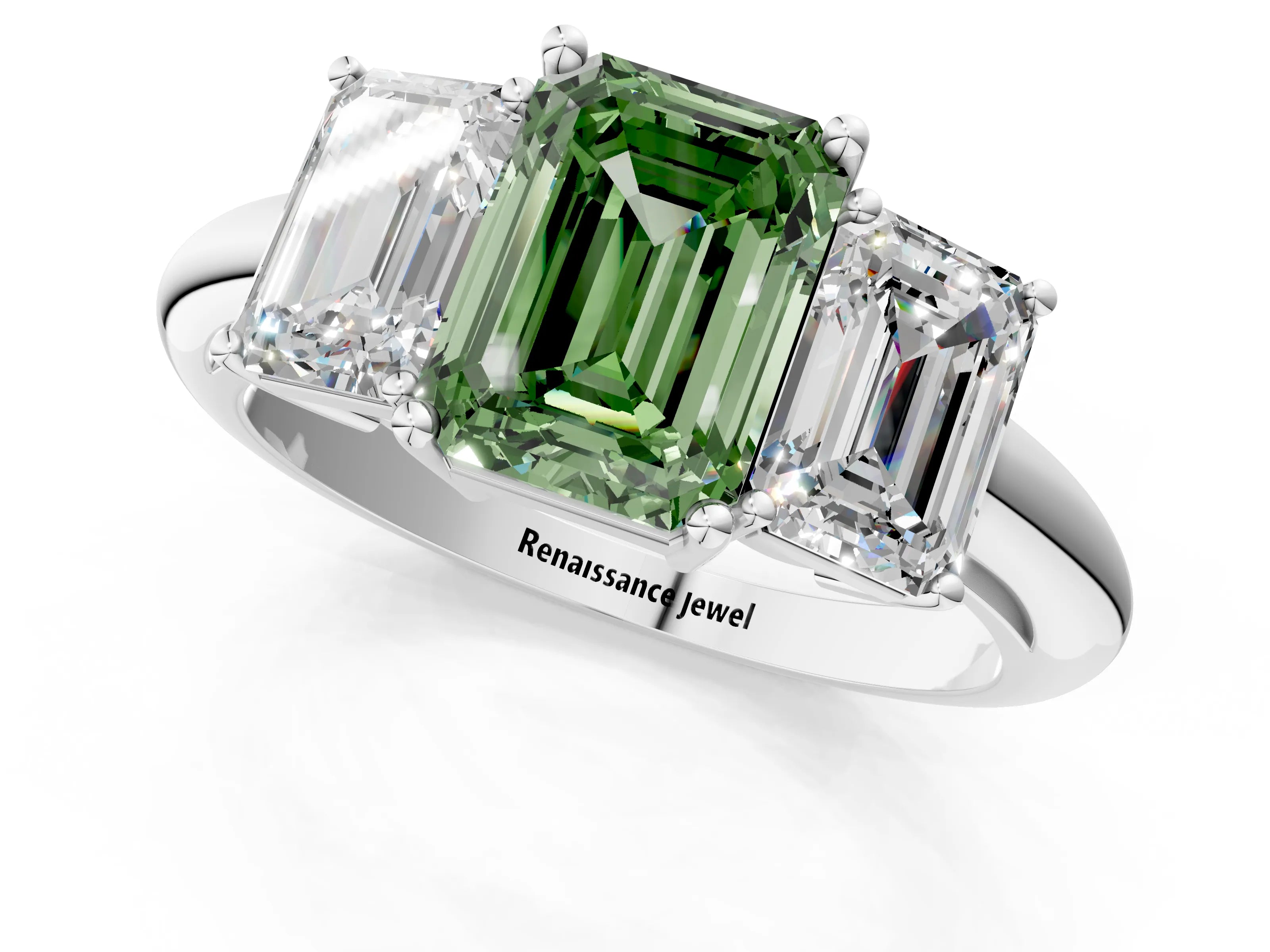 White gold Three-Stone Fancy Green Emerald Cut Cut Diamond Engagement Ring with Prong Setting on a White Gold Band_13