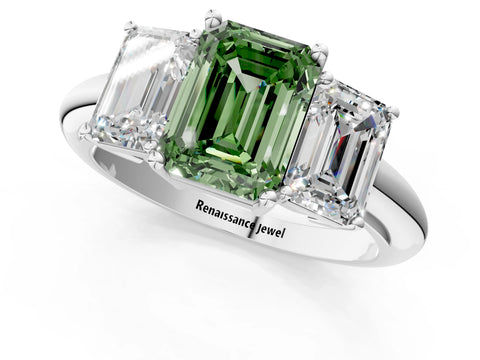 White gold Three-Stone Fancy Green Emerald Cut Cut Diamond Engagement Ring with Prong Setting on a White Gold Band_13