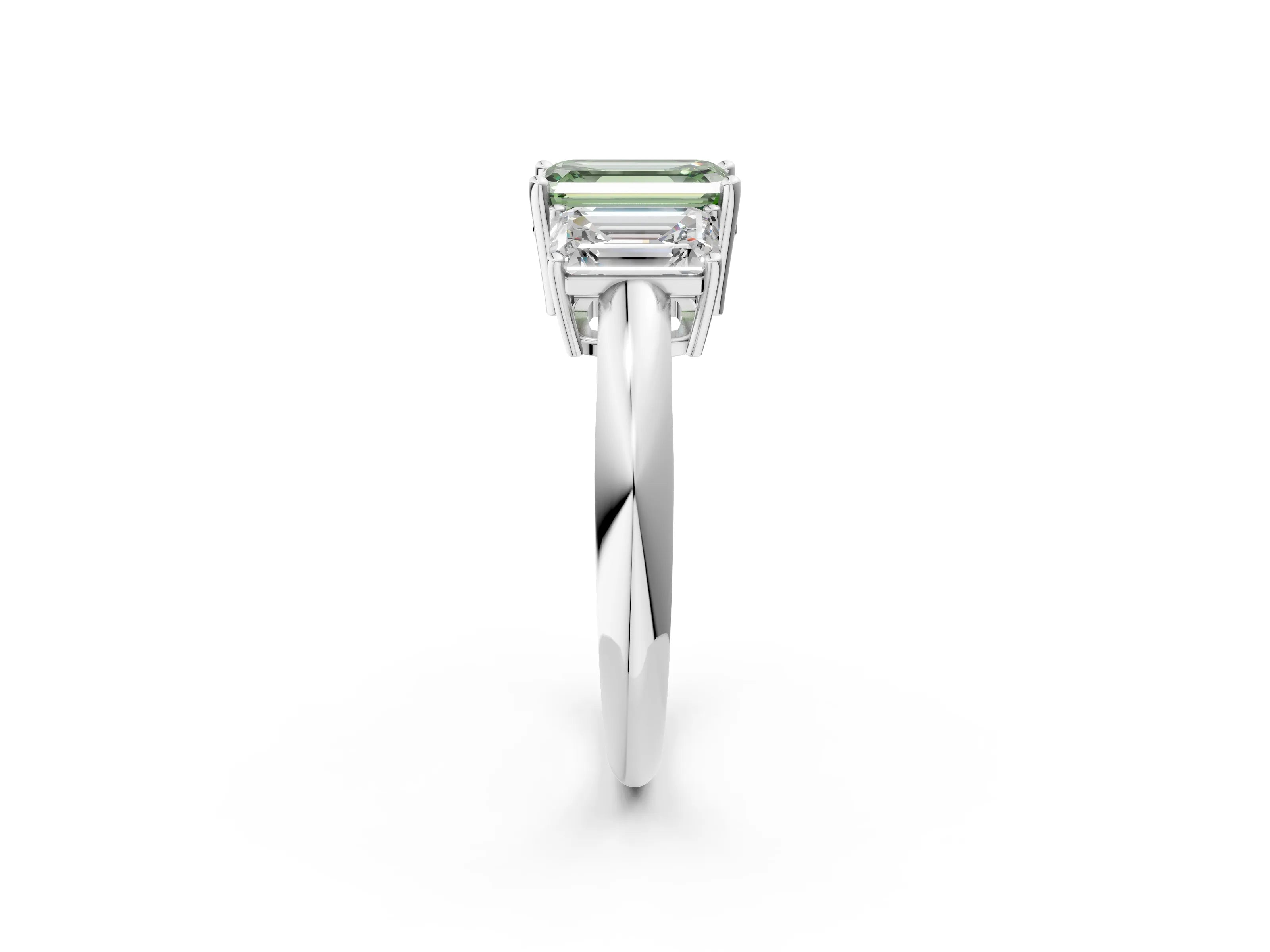 White gold Three-Stone Fancy Green Emerald Cut Cut Diamond Engagement Ring with Prong Setting on a White Gold Band_14