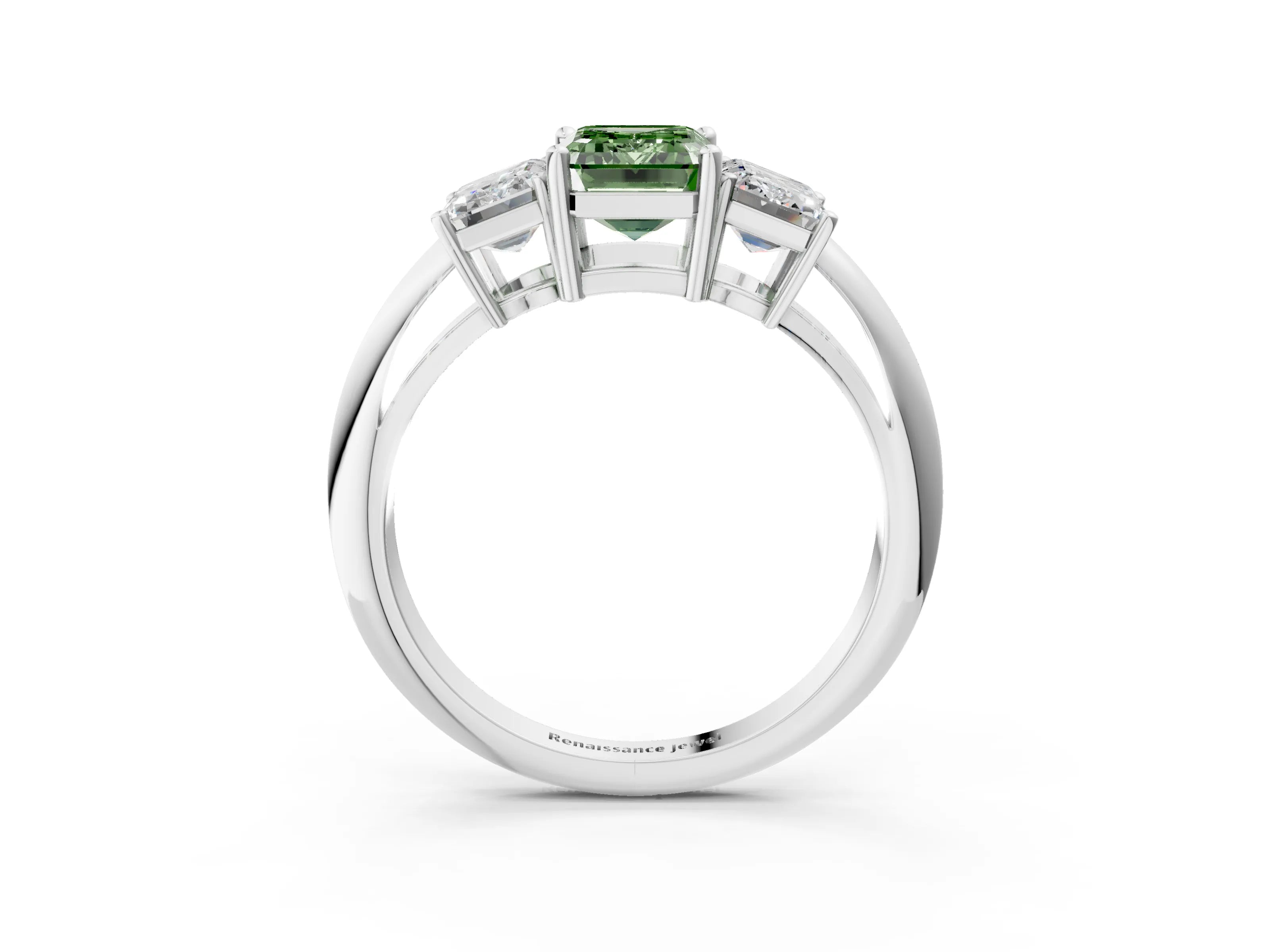 White gold Three-Stone Fancy Green Emerald Cut Cut Diamond Engagement Ring with Prong Setting on a White Gold Band_15