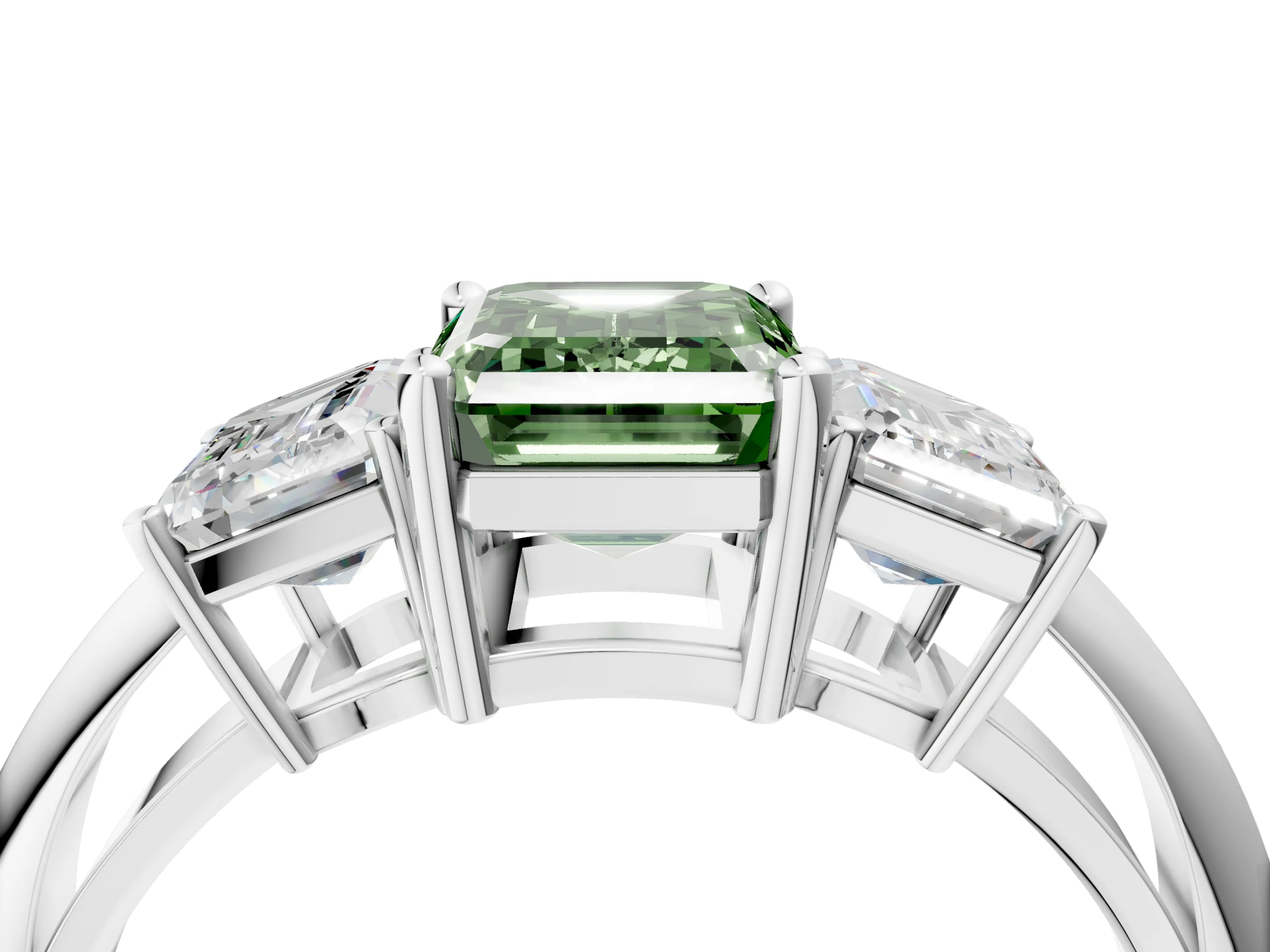 White gold Three-Stone Fancy Green Emerald Cut Cut Diamond Engagement Ring with Prong Setting on a White Gold Band_16