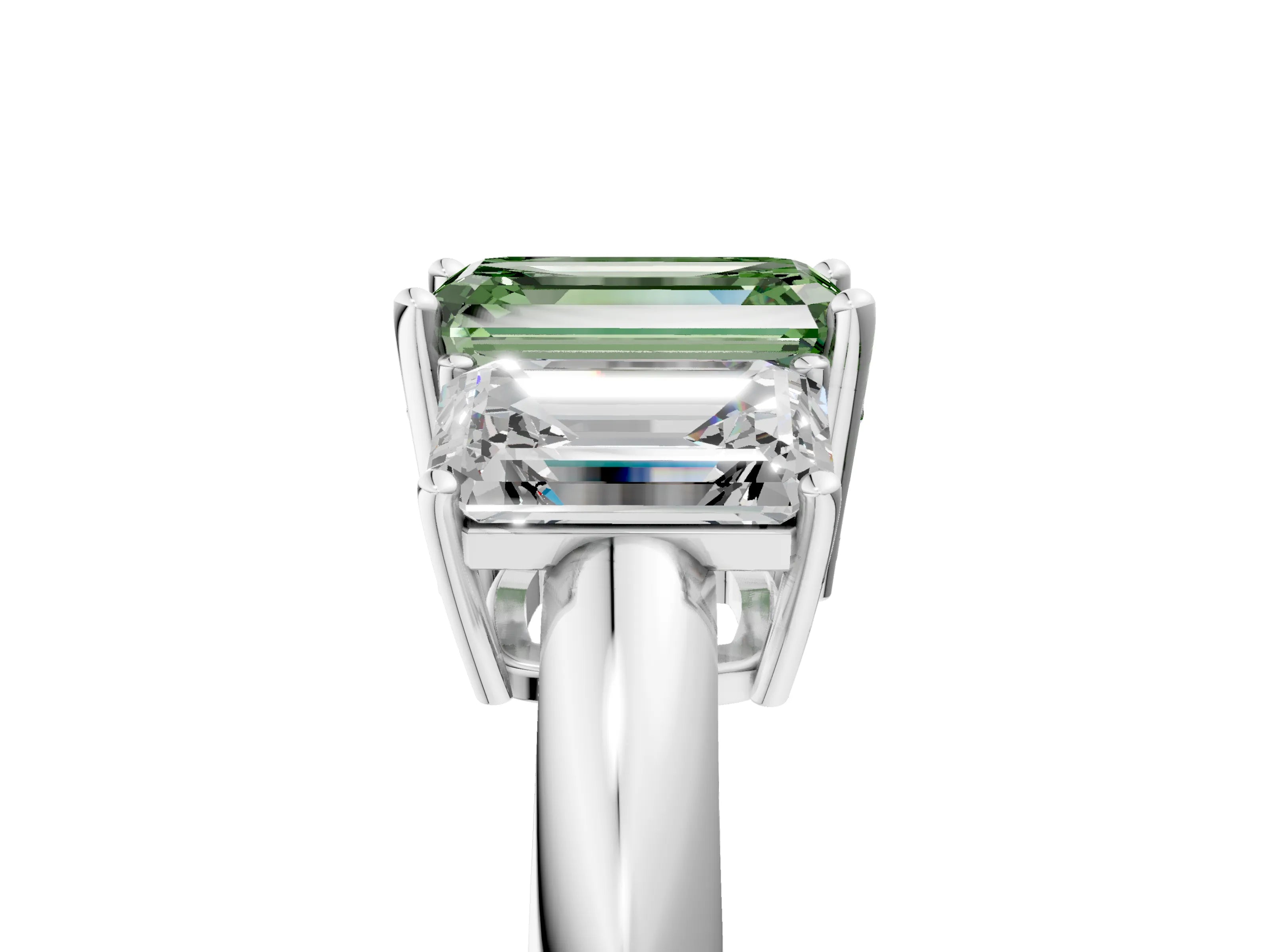 White gold Three-Stone Fancy Green Emerald Cut Cut Diamond Engagement Ring with Prong Setting on a White Gold Band_17