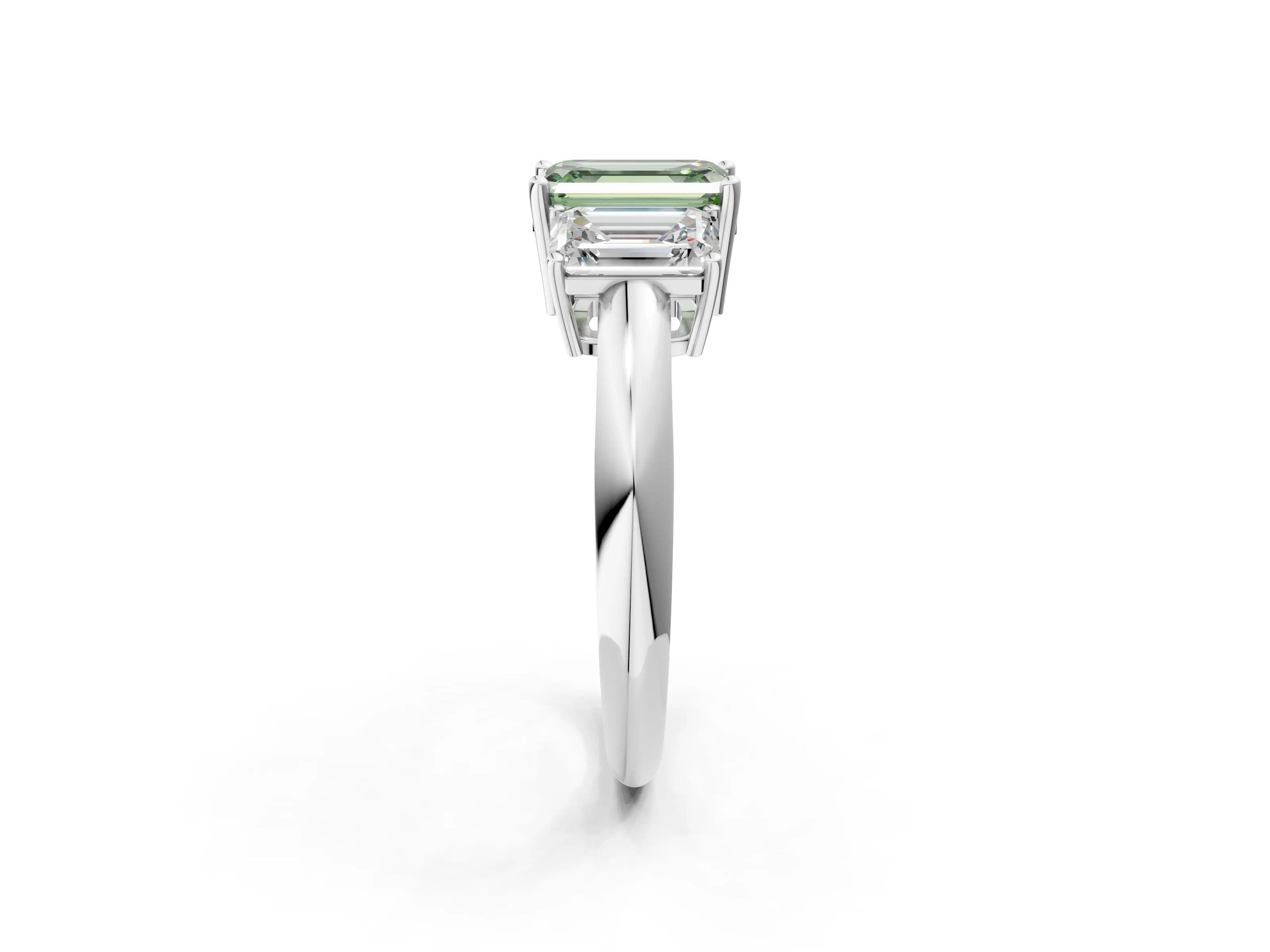 White gold Three-Stone Fancy Green Emerald Cut Cut Diamond Engagement Ring with Prong Setting on a White Gold Band_38