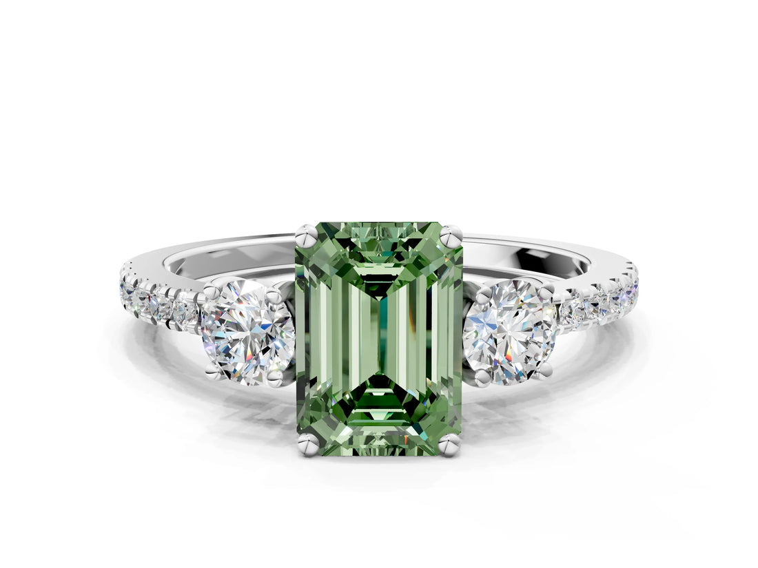White gold Three-Stone Fancy Green Emerald Cut Cut Diamond Pavé Band with Prong Setting_27