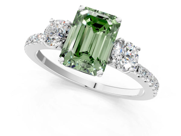 Platinum Three-Stone Fancy Green Emerald Cut Cut Diamond Pavé Band with Prong Setting