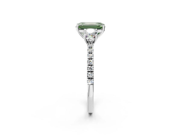 Platinum Three-Stone Fancy Green Emerald Cut Cut Diamond Pavé Band with Prong Setting
