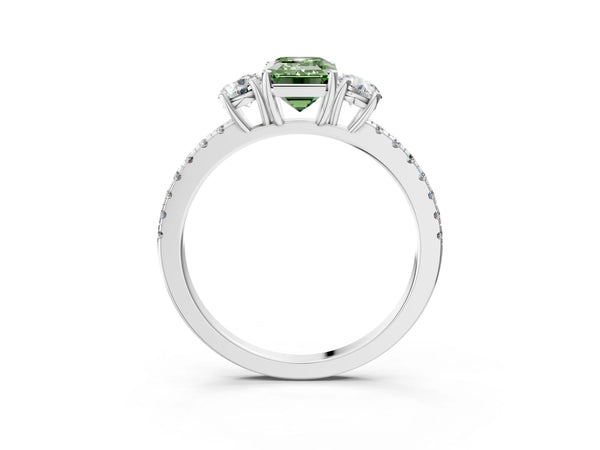 Platinum Three-Stone Fancy Green Emerald Cut Cut Diamond Pavé Band with Prong Setting