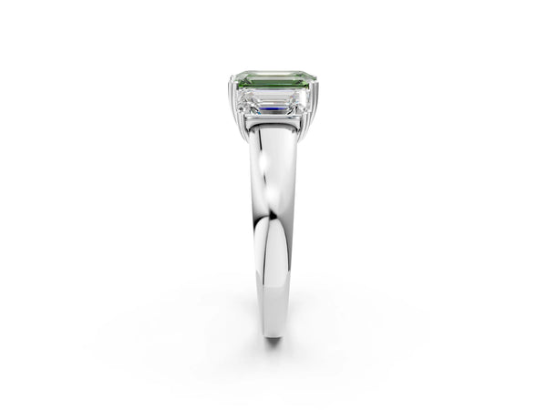 Platinum Three-Stone Fancy Green Emerald Cut Cut Diamond Ring with Channel Set Band and Four-Prong Setting
