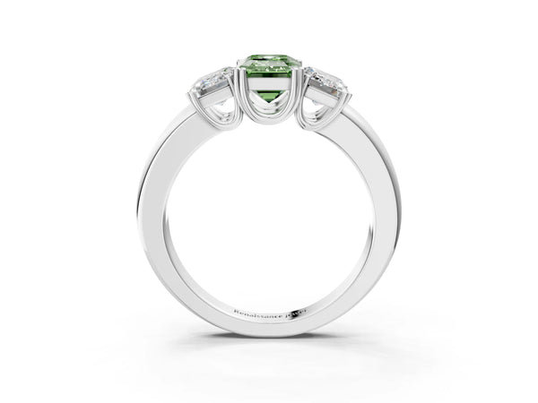 Platinum Three-Stone Fancy Green Emerald Cut Cut Diamond Ring with Channel Set Band and Four-Prong Setting