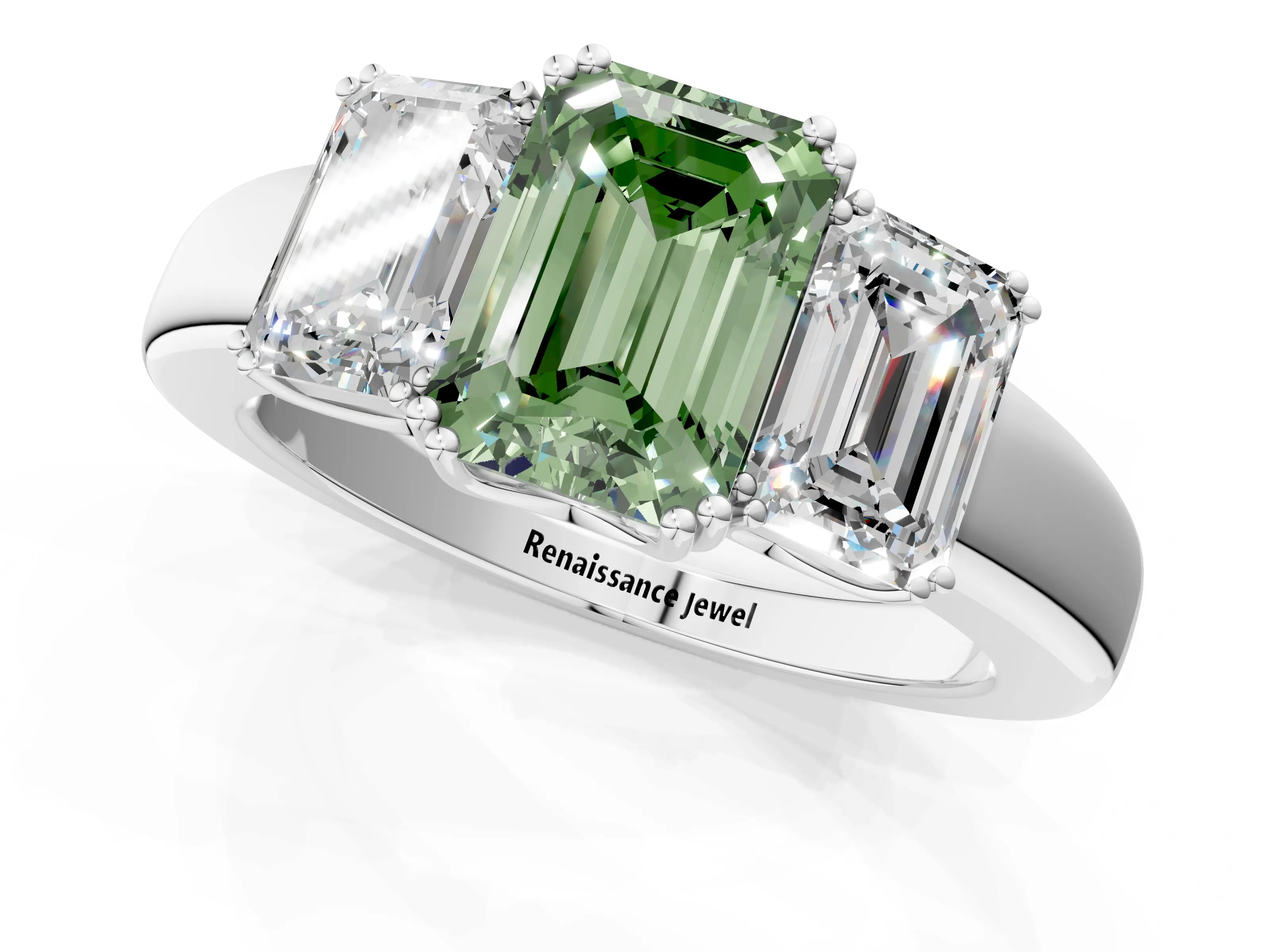 White gold Three-Stone Fancy Green Emerald Cut Cut Diamond Ring with Channel Set Band and Four-Prong Setting_1