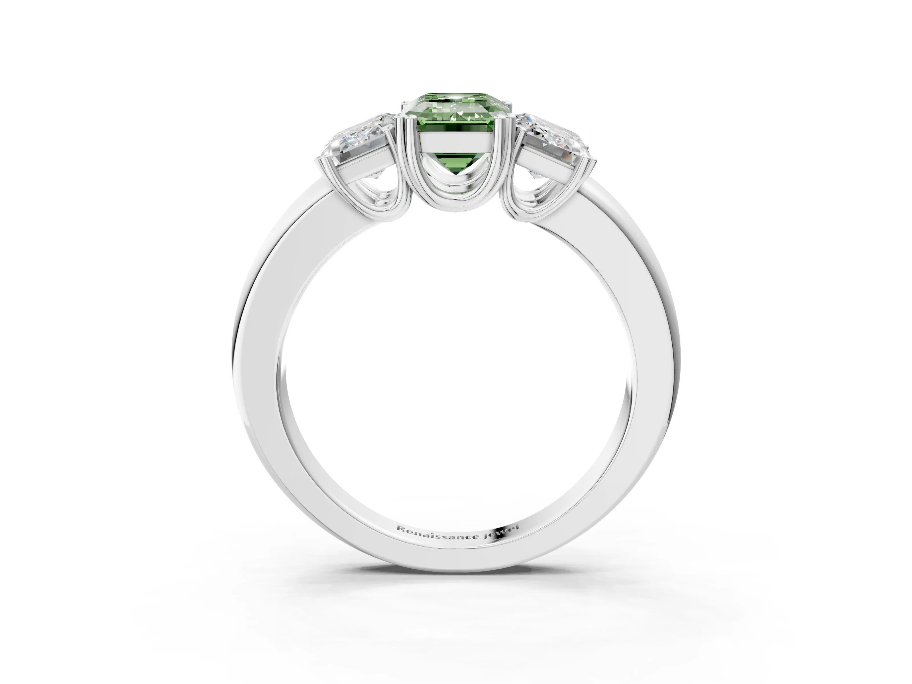 White gold Three-Stone Fancy Green Emerald Cut Cut Diamond Ring with Channel Set Band and Four-Prong Setting_3