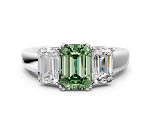 Platinum Three-Stone Fancy Green Emerald Cut Cut Diamond Ring with Channel Set Band and Four-Prong Setting
