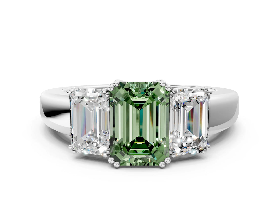 White gold Three-Stone Fancy Green Emerald Cut Cut Diamond Ring with Channel Set Band and Four-Prong Setting_48