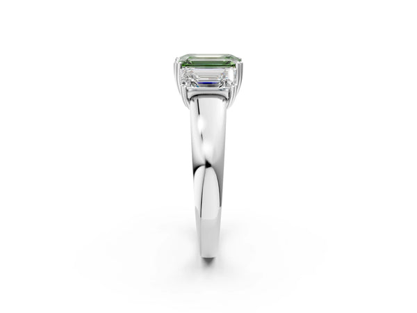 Platinum Three-Stone Fancy Green Emerald Cut Cut Diamond Ring with Channel Set Band and Four-Prong Setting