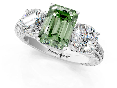 White gold Three-Stone Fancy Green Emerald Cut Cut Diamond Ring with Channel-Set Band and Prong Setting_1