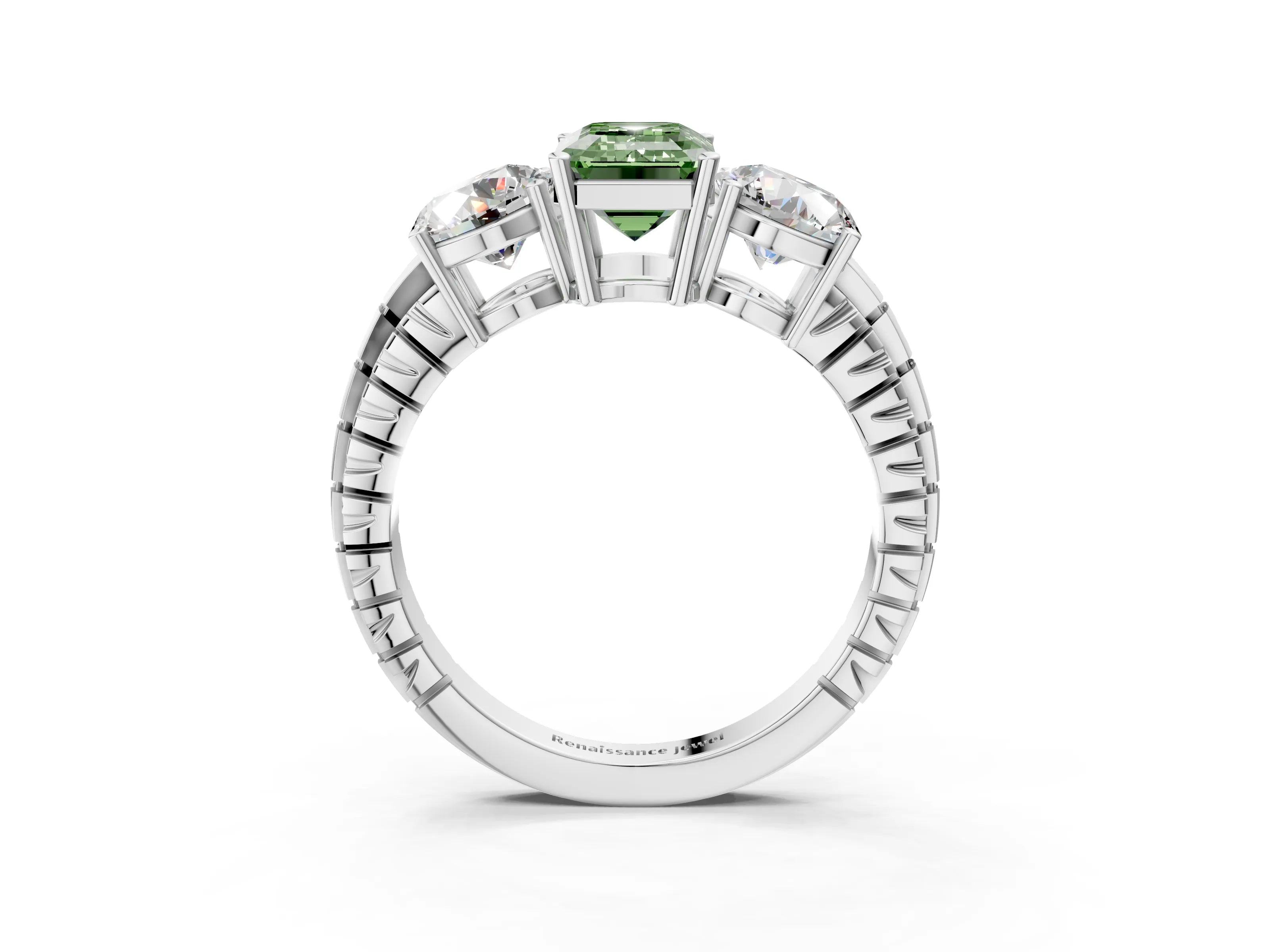 White gold Three-Stone Fancy Green Emerald Cut Cut Diamond Ring with Channel-Set Band and Prong Setting_3