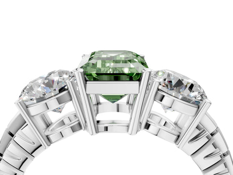 White gold Three-Stone Fancy Green Emerald Cut Cut Diamond Ring with Channel-Set Band and Prong Setting_4