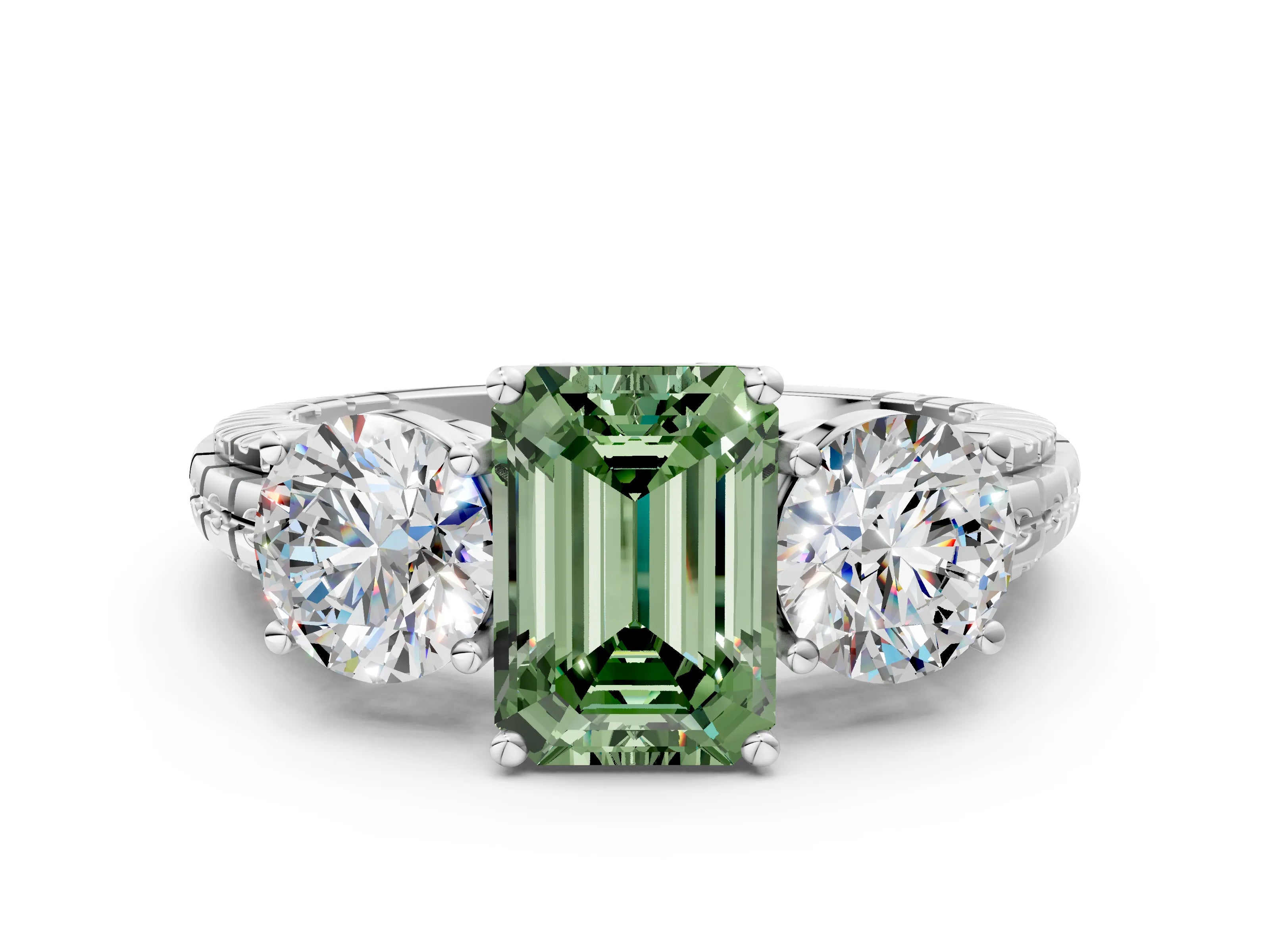 White gold Three-Stone Fancy Green Emerald Cut Cut Diamond Ring with Channel-Set Band and Prong Setting