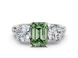 White gold Three-Stone Fancy Green Emerald Cut Cut Diamond Ring with Channel-Set Band and Prong Setting
