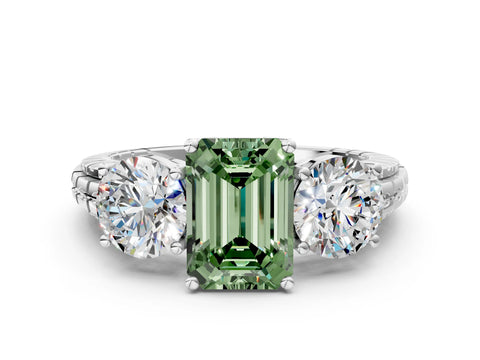 White gold Three-Stone Fancy Green Emerald Cut Cut Diamond Ring with Channel-Set Band and Prong Setting