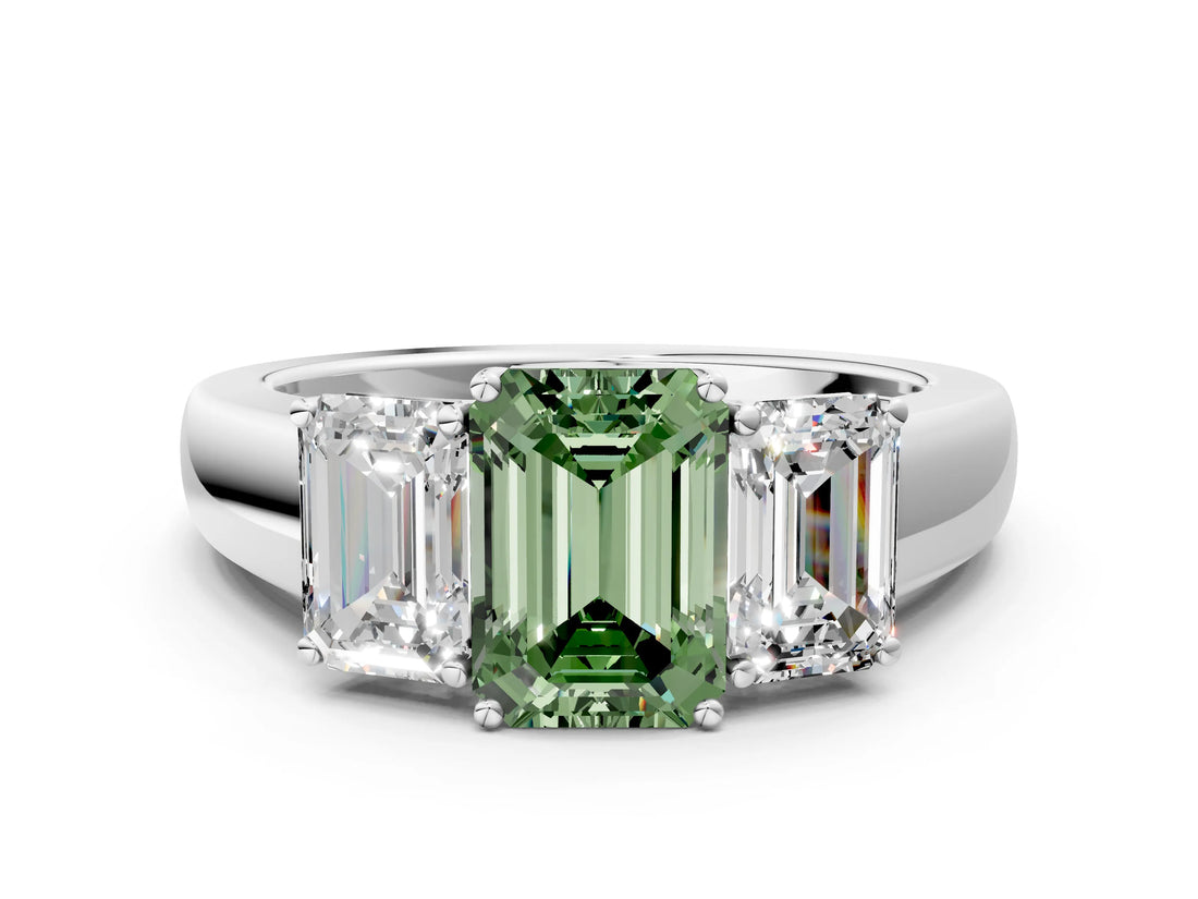 White gold Three-Stone Fancy Green Emerald Cut Cut Diamond Ring with Prong Setting and Classic Band_12