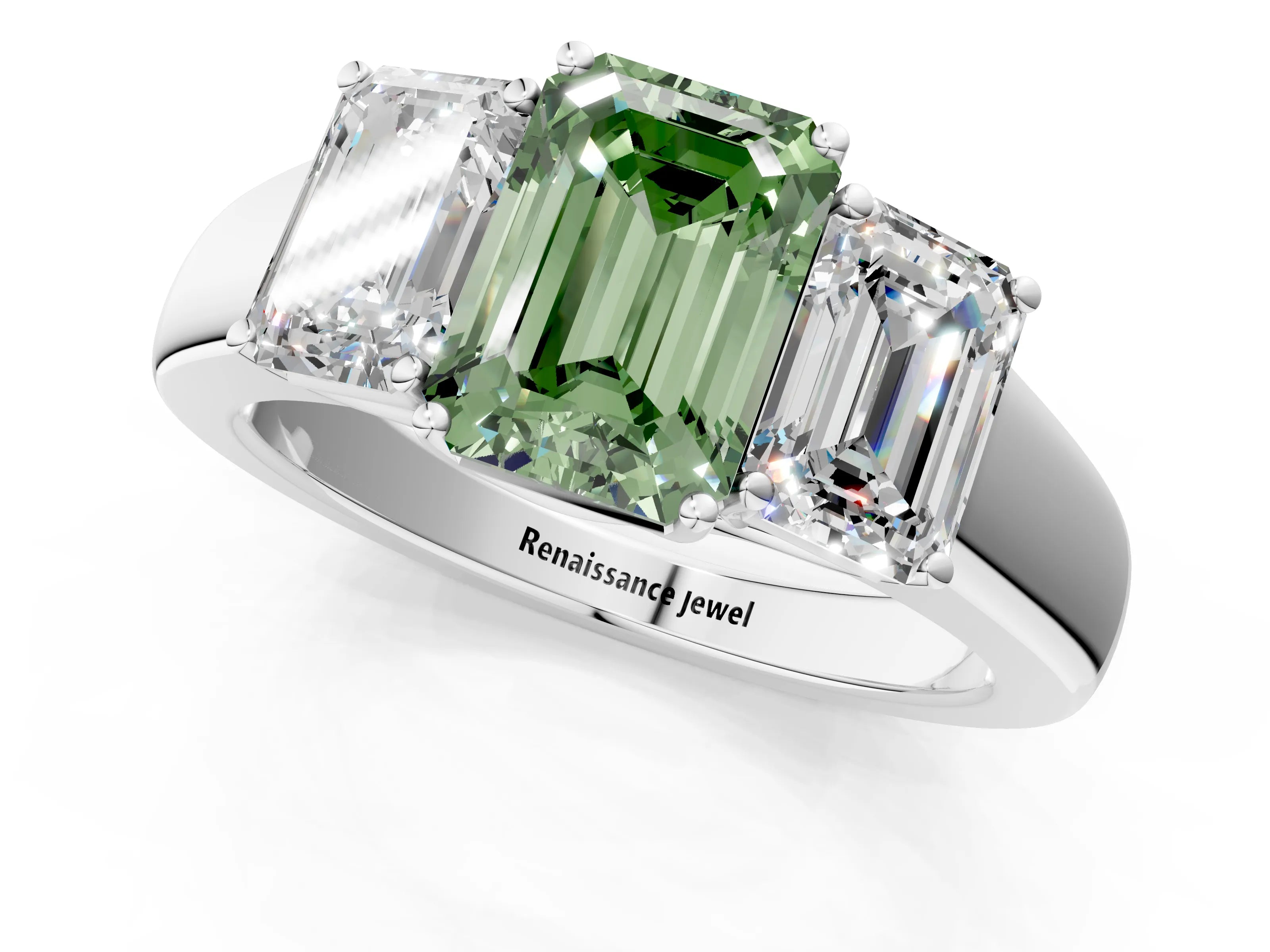 White gold Three-Stone Fancy Green Emerald Cut Cut Diamond Ring with Prong Setting and Classic Band_1