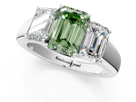White gold Three-Stone Fancy Green Emerald Cut Cut Diamond Ring with Prong Setting and Classic Band_1
