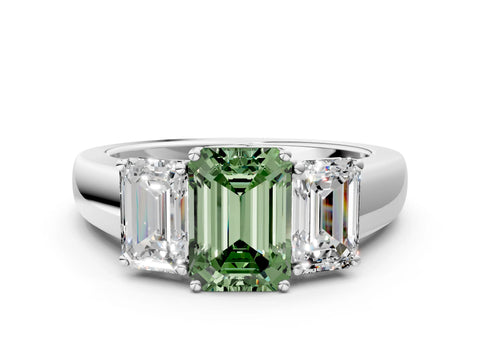 White gold Three-Stone Fancy Green Emerald Cut Cut Diamond Ring with Prong Setting and Classic Band