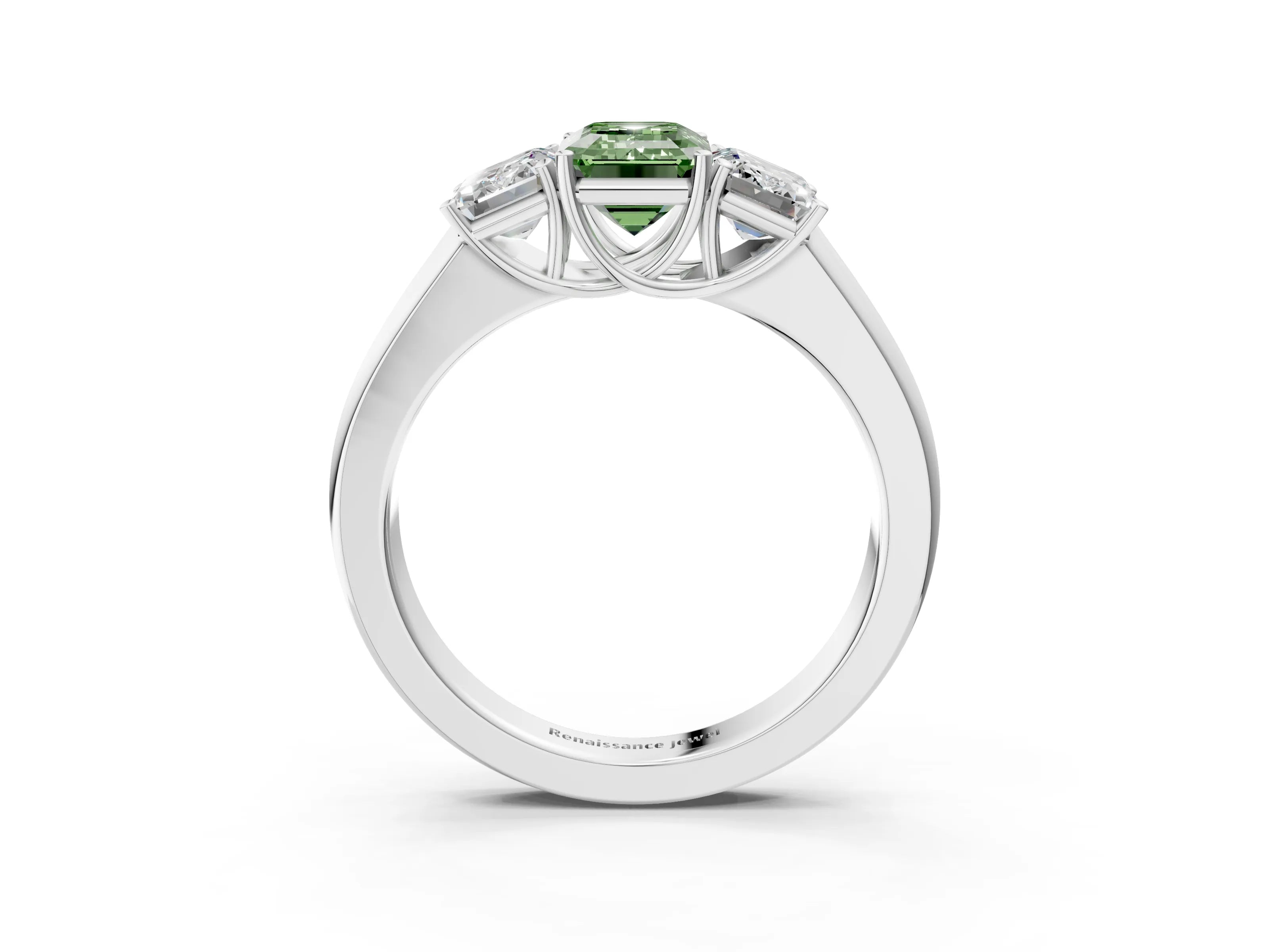 White gold Three-Stone Fancy Green Emerald Cut Cut Diamond Ring with Prong Setting and Classic Band_3