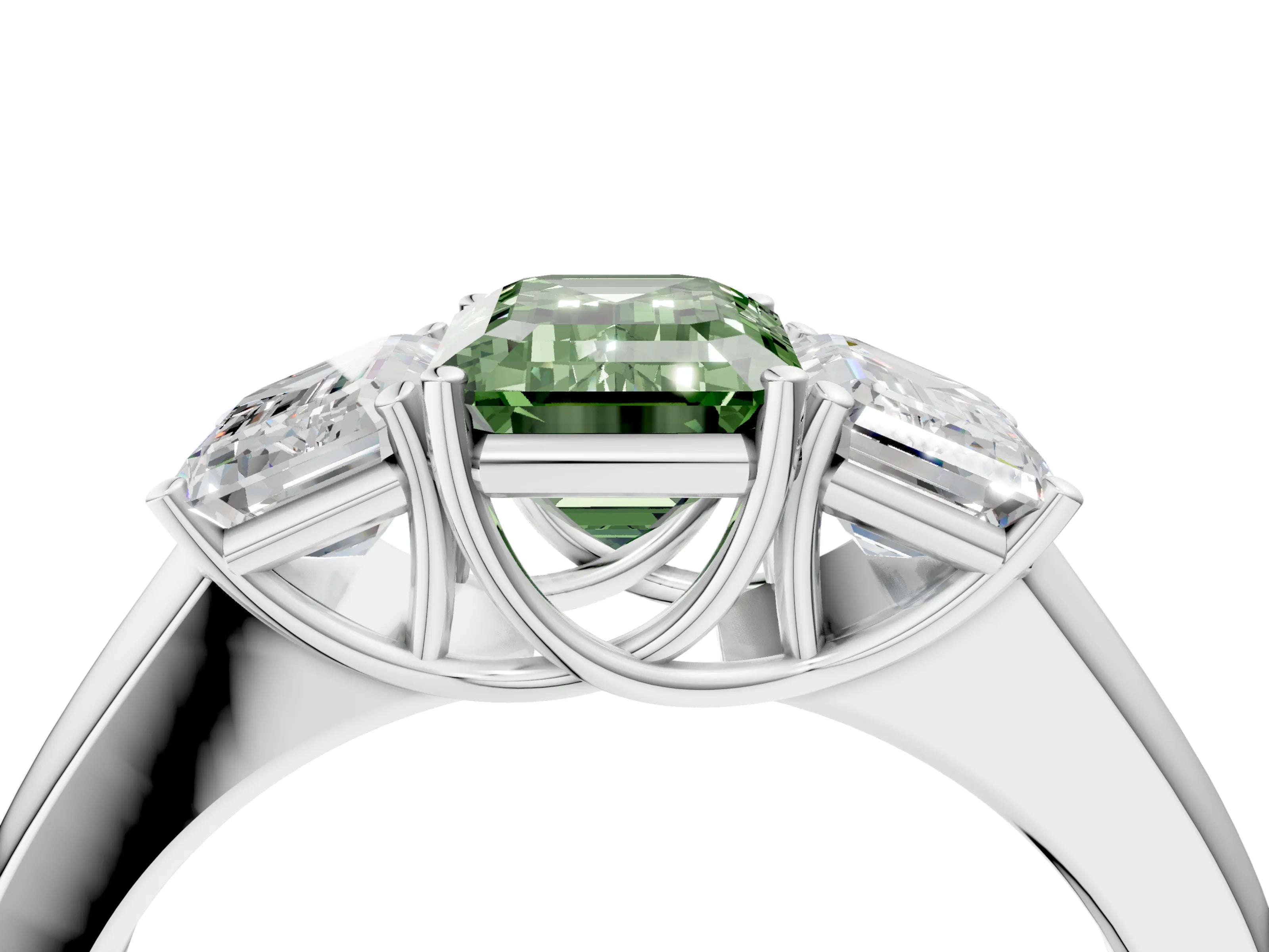 White gold Three-Stone Fancy Green Emerald Cut Cut Diamond Ring with Prong Setting and Classic Band_4