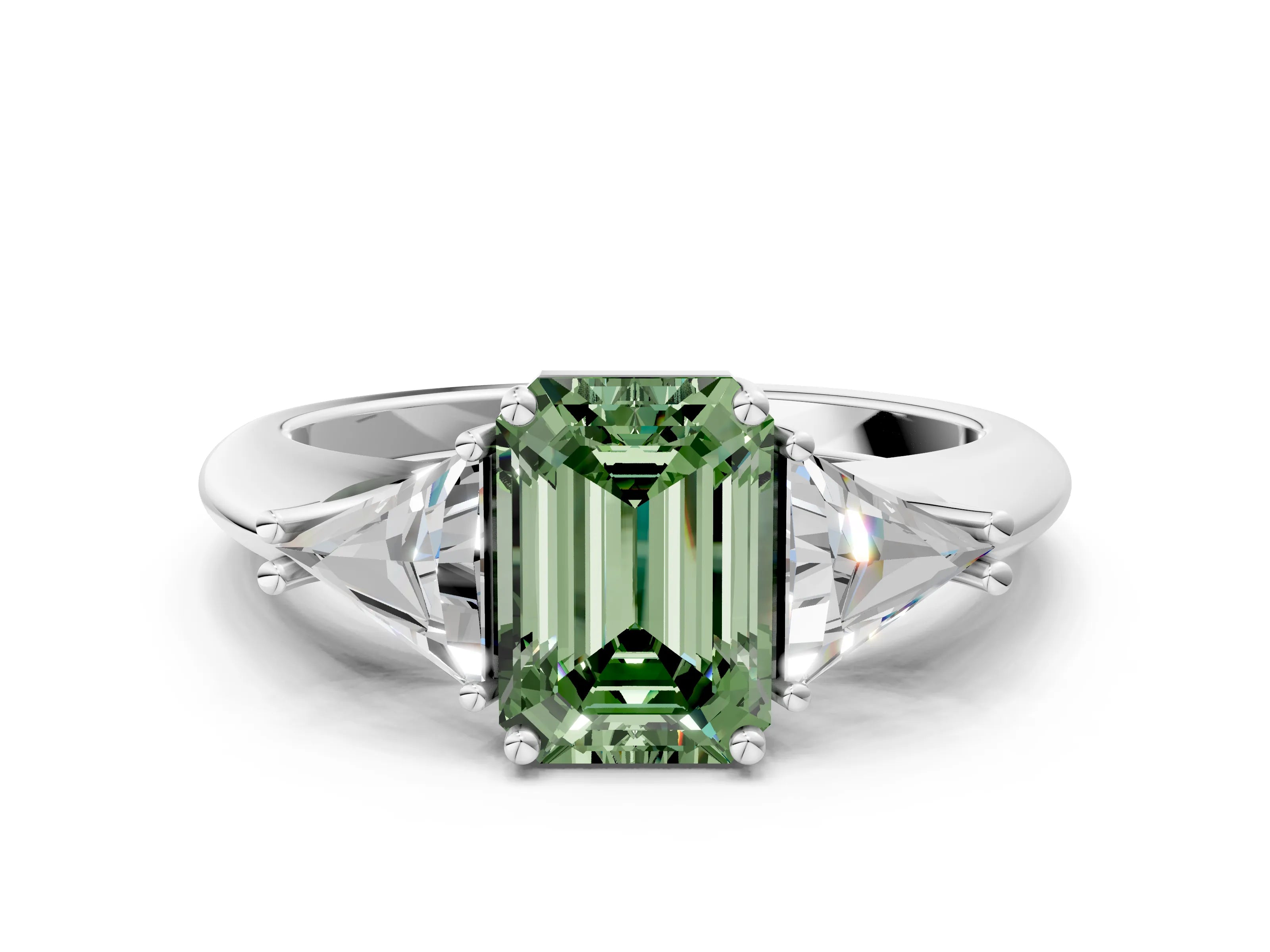 White gold Three-Stone Fancy Green Emerald Cut Cut Diamond Ring with Trillion Side Stones and Four-Prong Setting_11