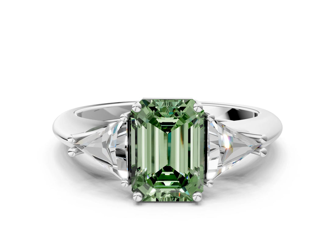 White gold Three-Stone Fancy Green Emerald Cut Cut Diamond Ring with Trillion Side Stones and Four-Prong Setting_11
