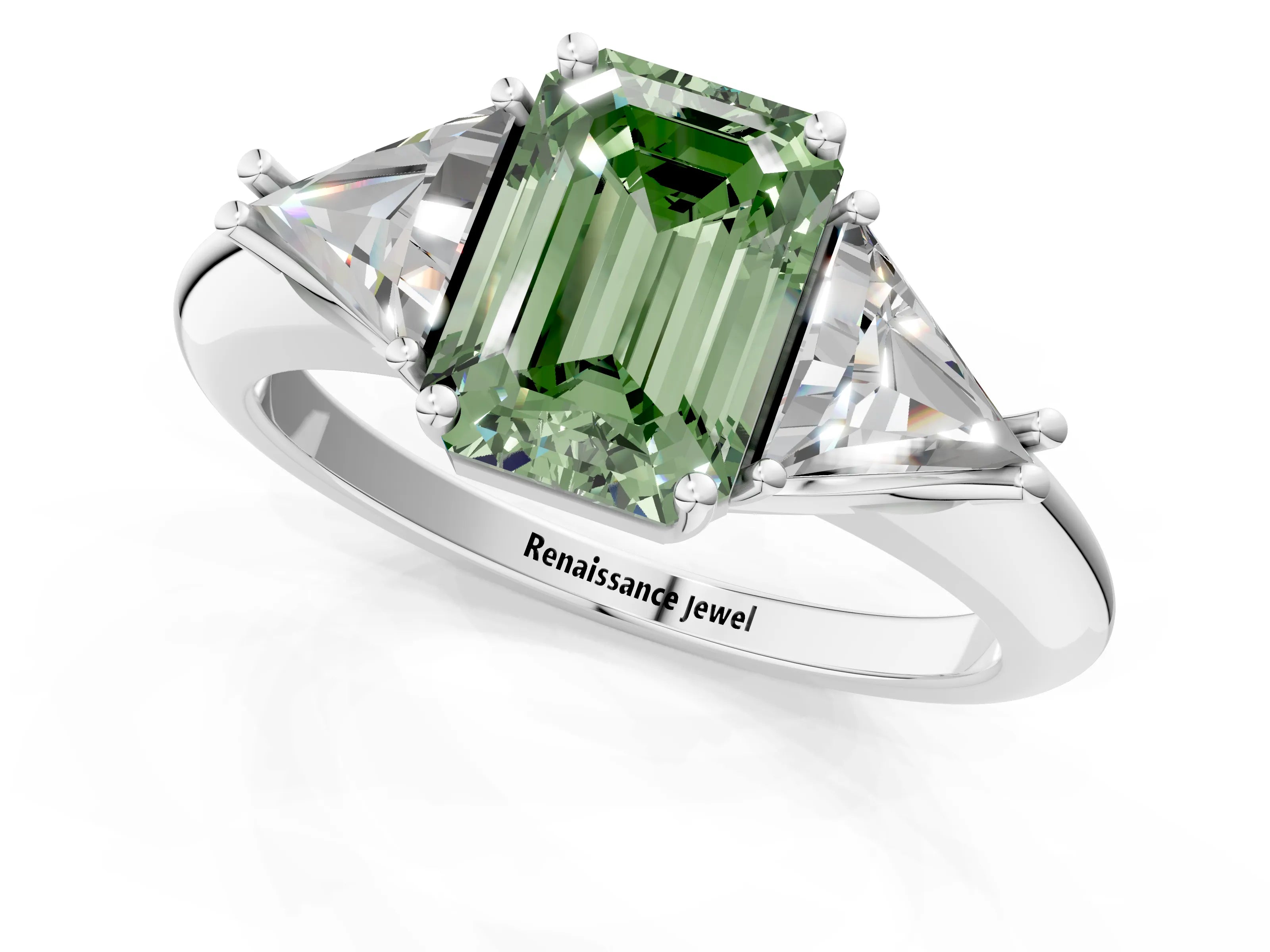 White gold Three-Stone Fancy Green Emerald Cut Cut Diamond Ring with Trillion Side Stones and Four-Prong Setting_12