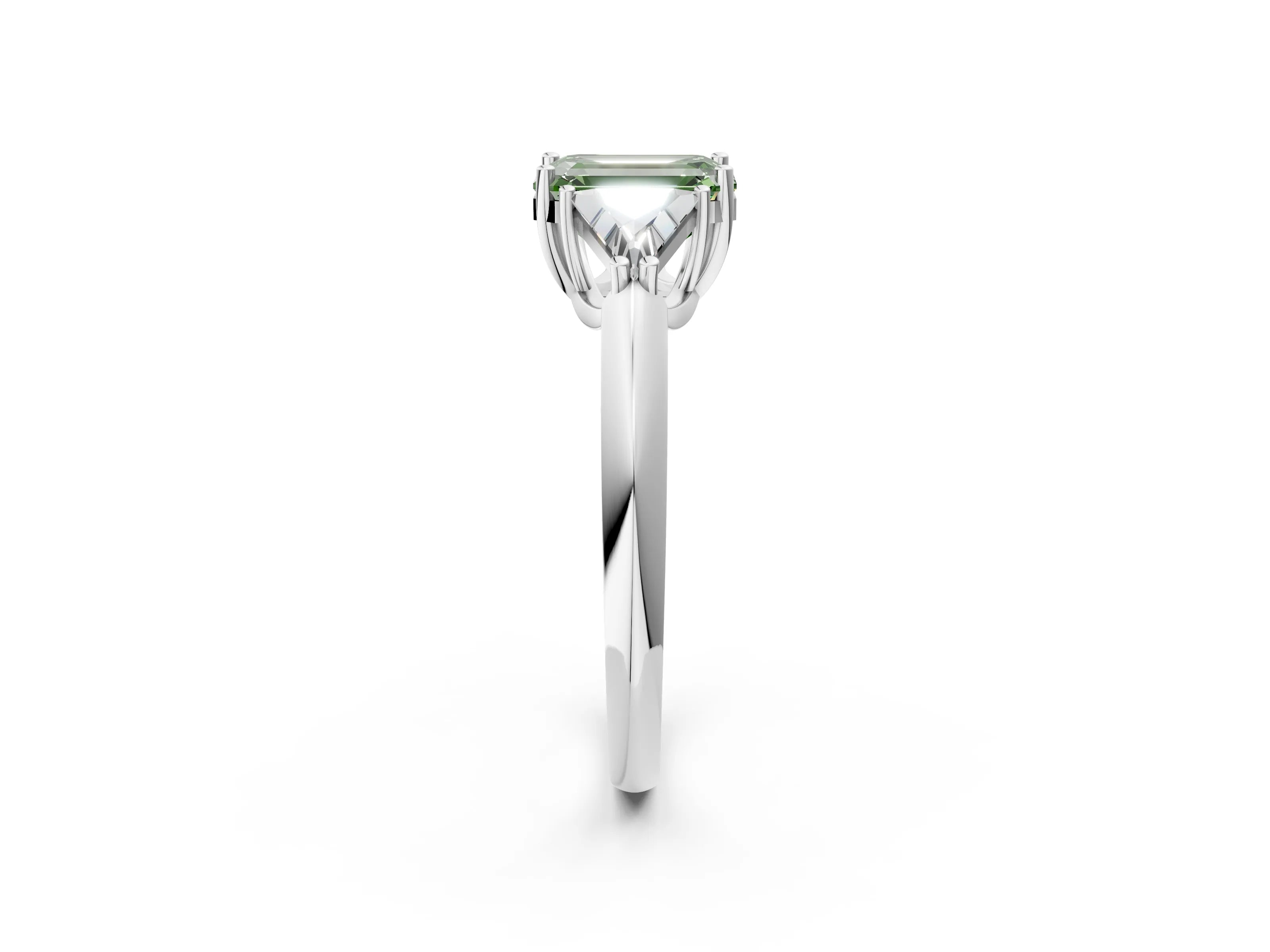 White gold Three-Stone Fancy Green Emerald Cut Cut Diamond Ring with Trillion Side Stones and Four-Prong Setting_13