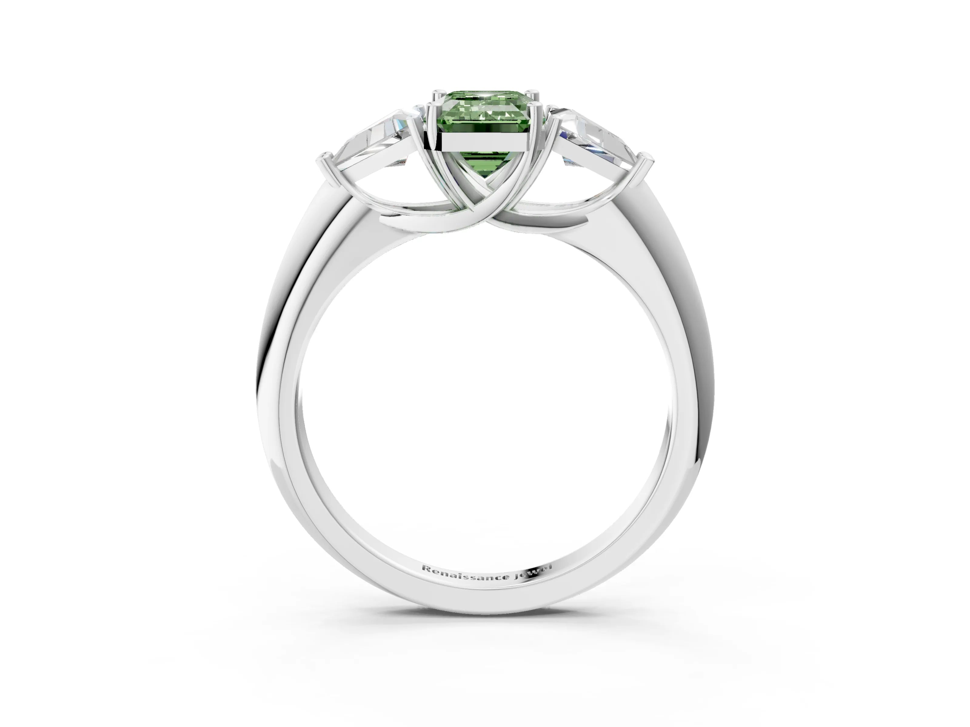 White gold Three-Stone Fancy Green Emerald Cut Cut Diamond Ring with Trillion Side Stones and Four-Prong Setting_14