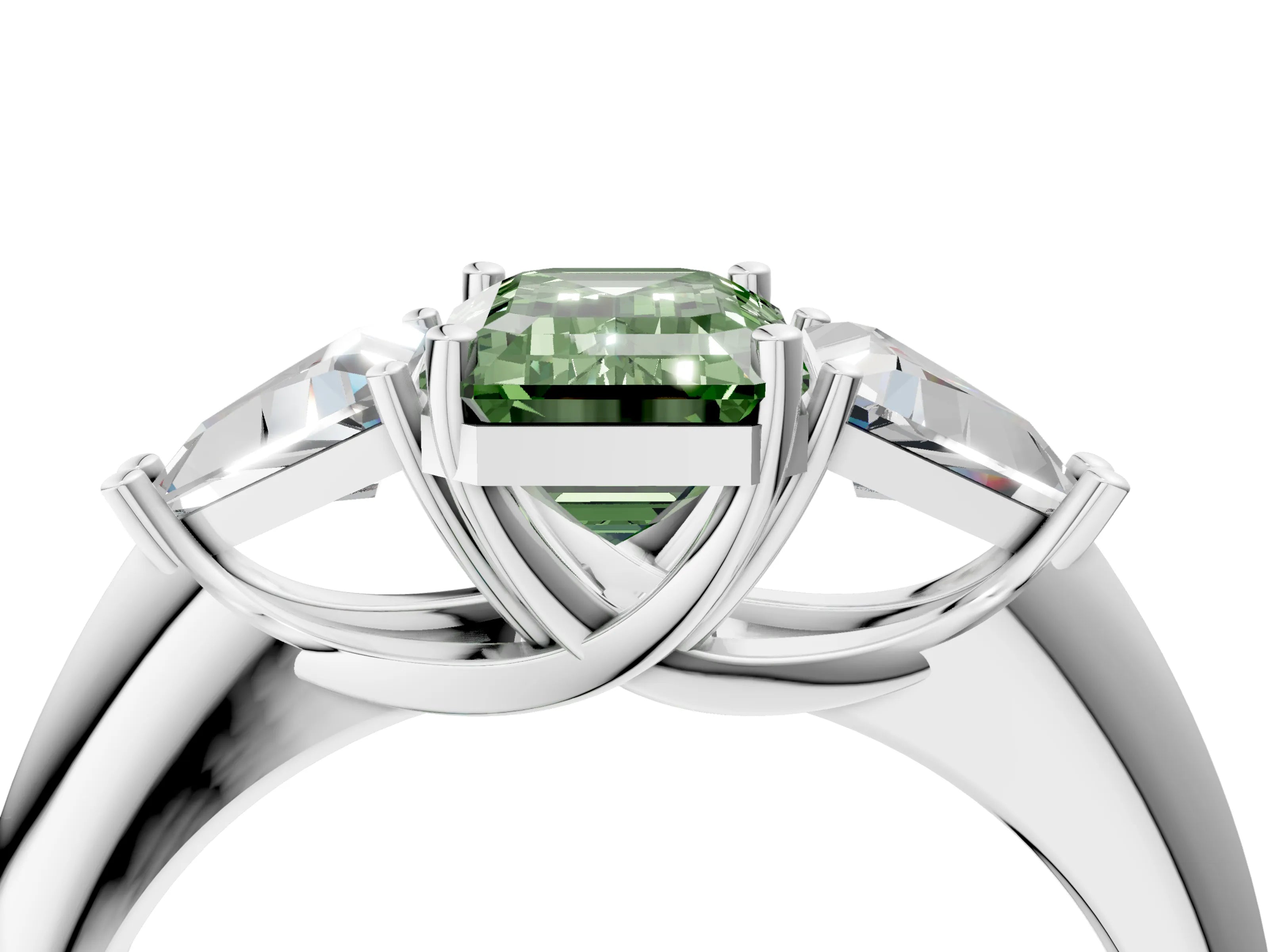 White gold Three-Stone Fancy Green Emerald Cut Cut Diamond Ring with Trillion Side Stones and Four-Prong Setting_15