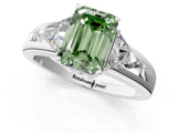 White gold Three-Stone Fancy Green Emerald Cut Cut Diamond Ring with Trillion Side Stones on a Split Shank Band_13