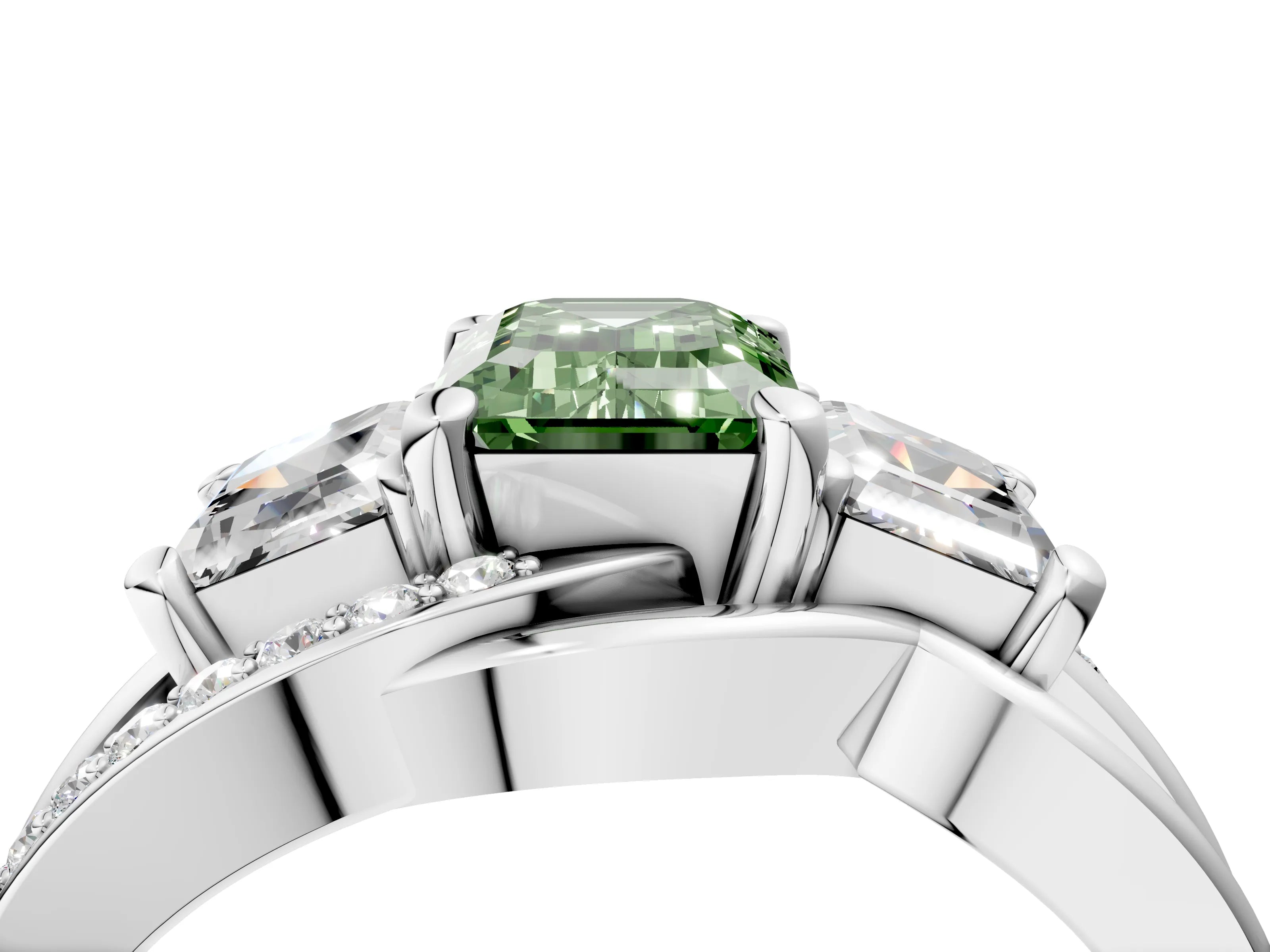 White gold Three-Stone Fancy Green Emerald Cut Cut Diamond Split Shank Prong Set Ring_16