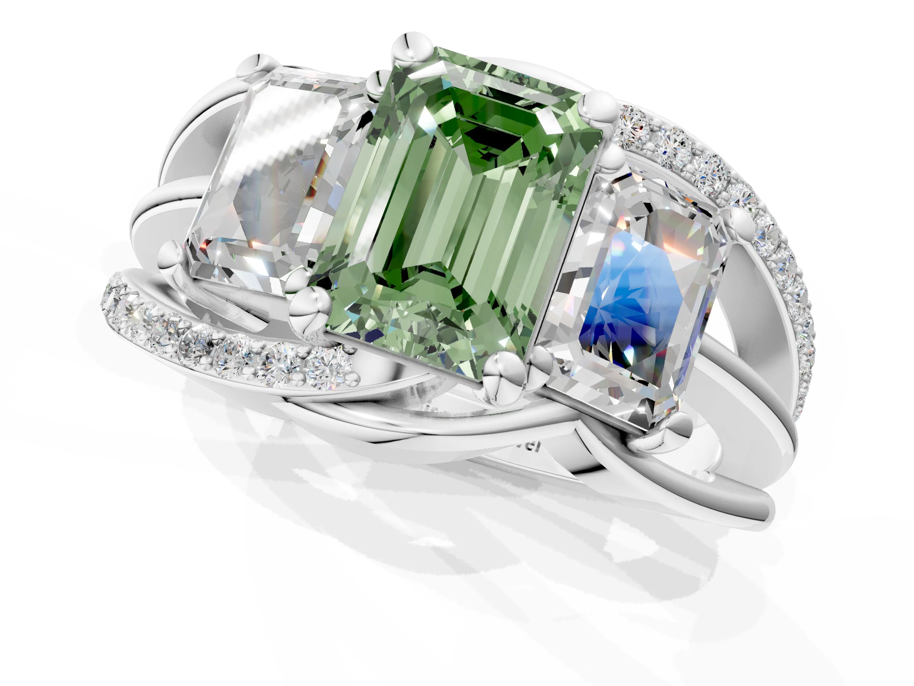 White gold Three-Stone Fancy Green Emerald Cut Cut Diamond Split Shank Prong Set Ring_1
