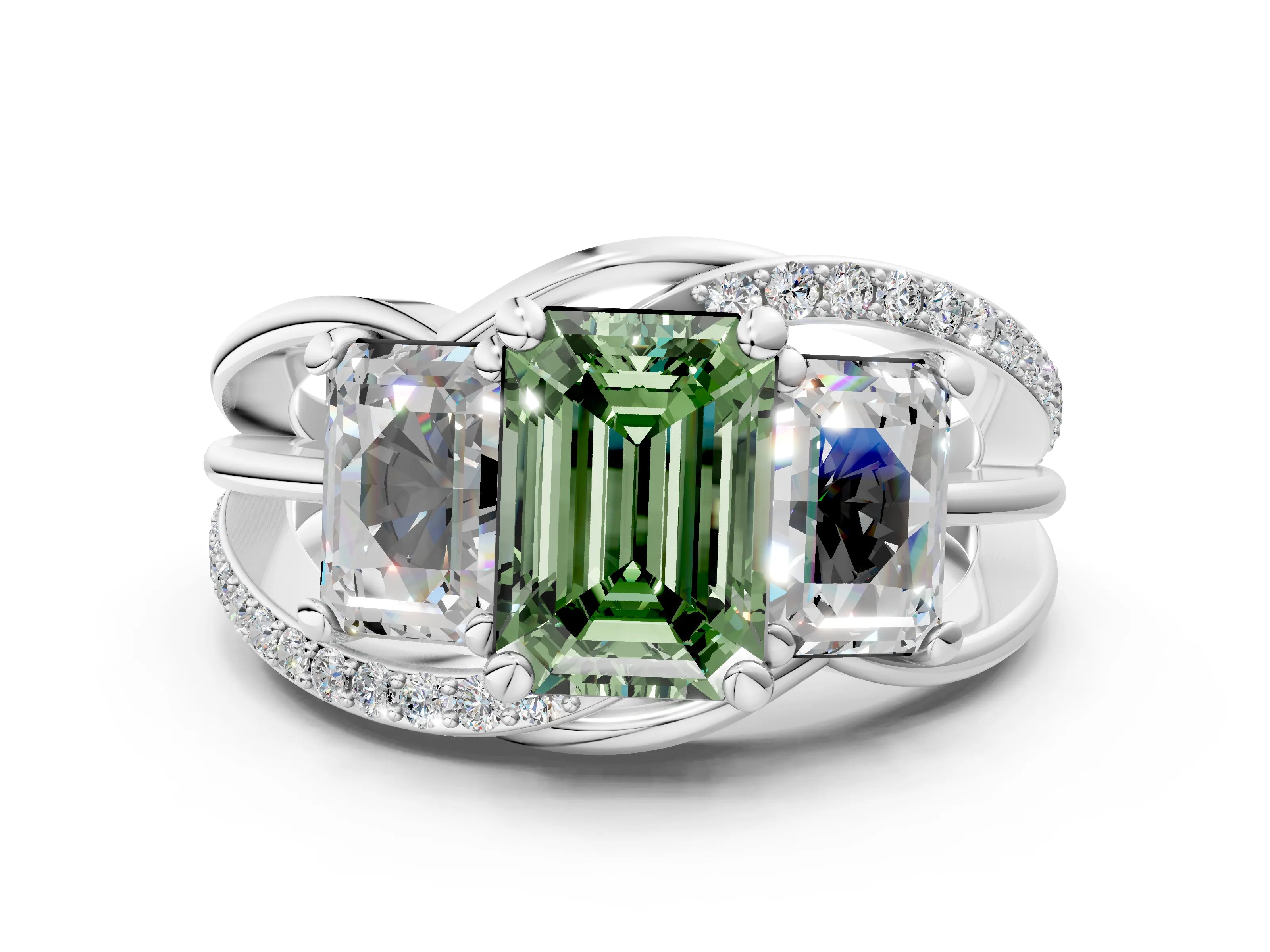 White gold Three-Stone Fancy Green Emerald Cut Cut Diamond Split Shank Prong Set Ring_24