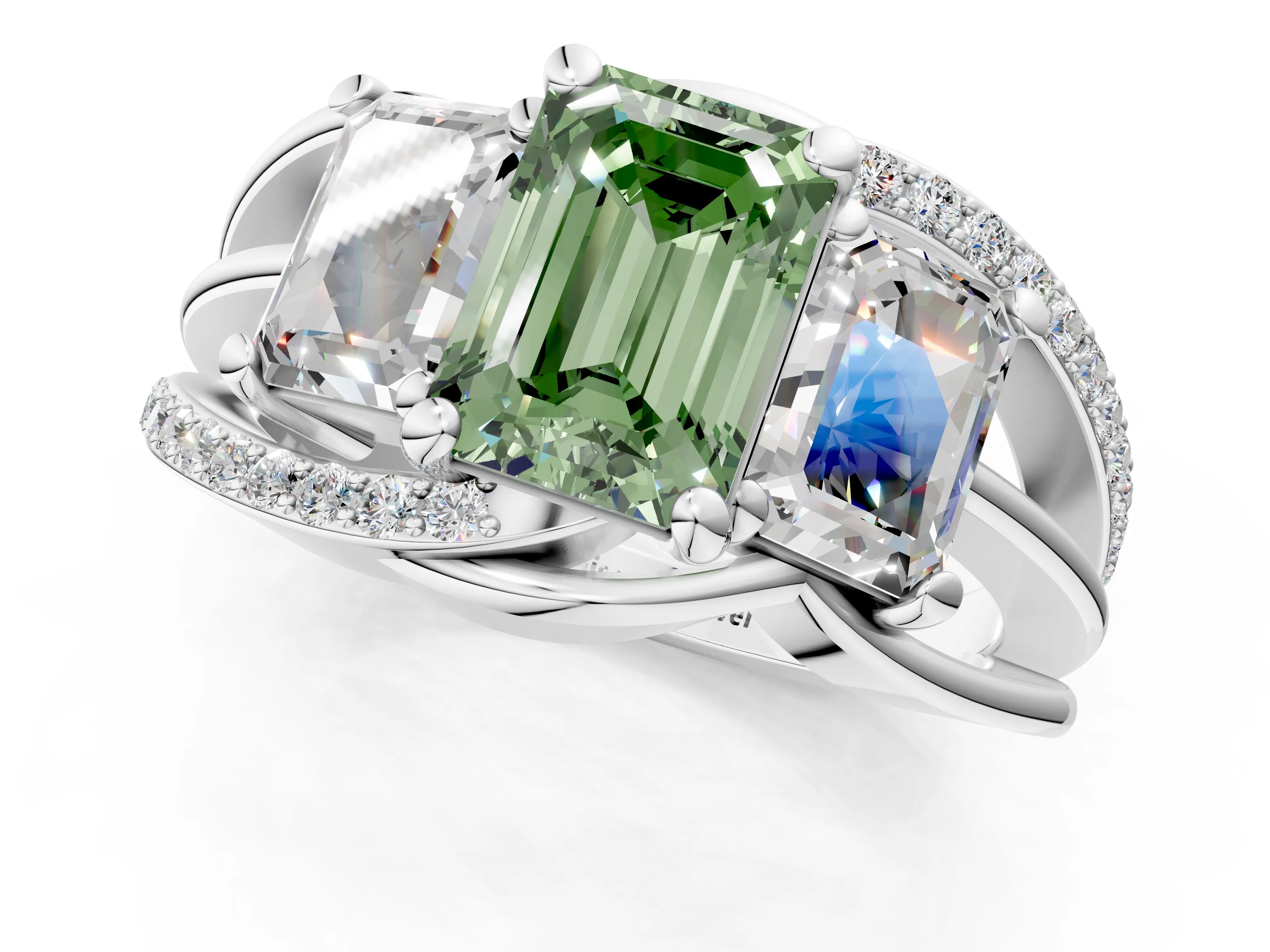 White gold Three-Stone Fancy Green Emerald Cut Cut Diamond Split Shank Prong Set Ring_25