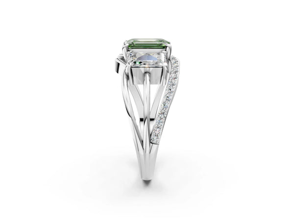 Platinum Emerald Cut Three Stone Split Shank Engagement Ring Setting for Fancy Green Center